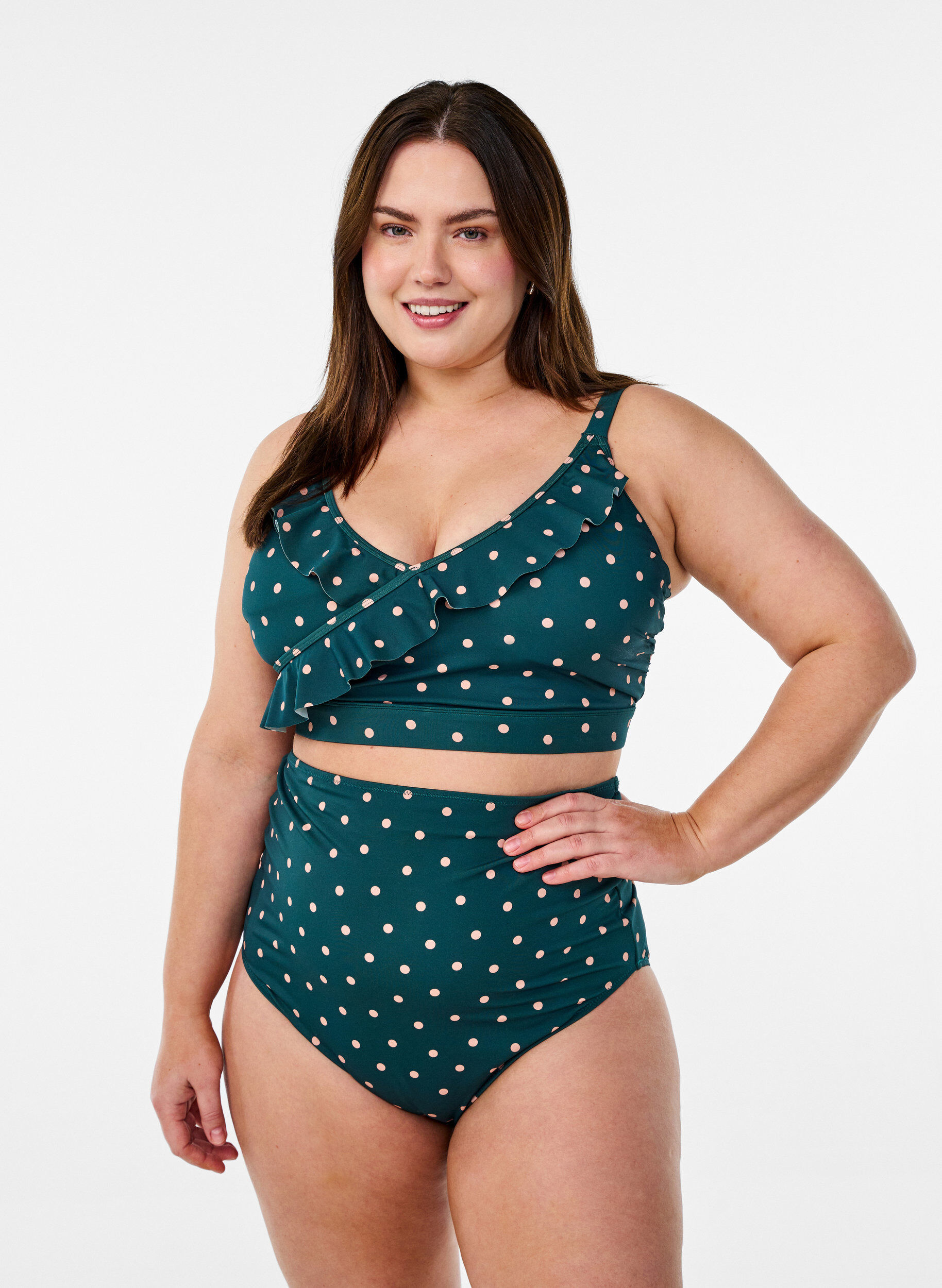 Zizzi Bikinitop met print en ruchesdetails, Groen, Model image number 1