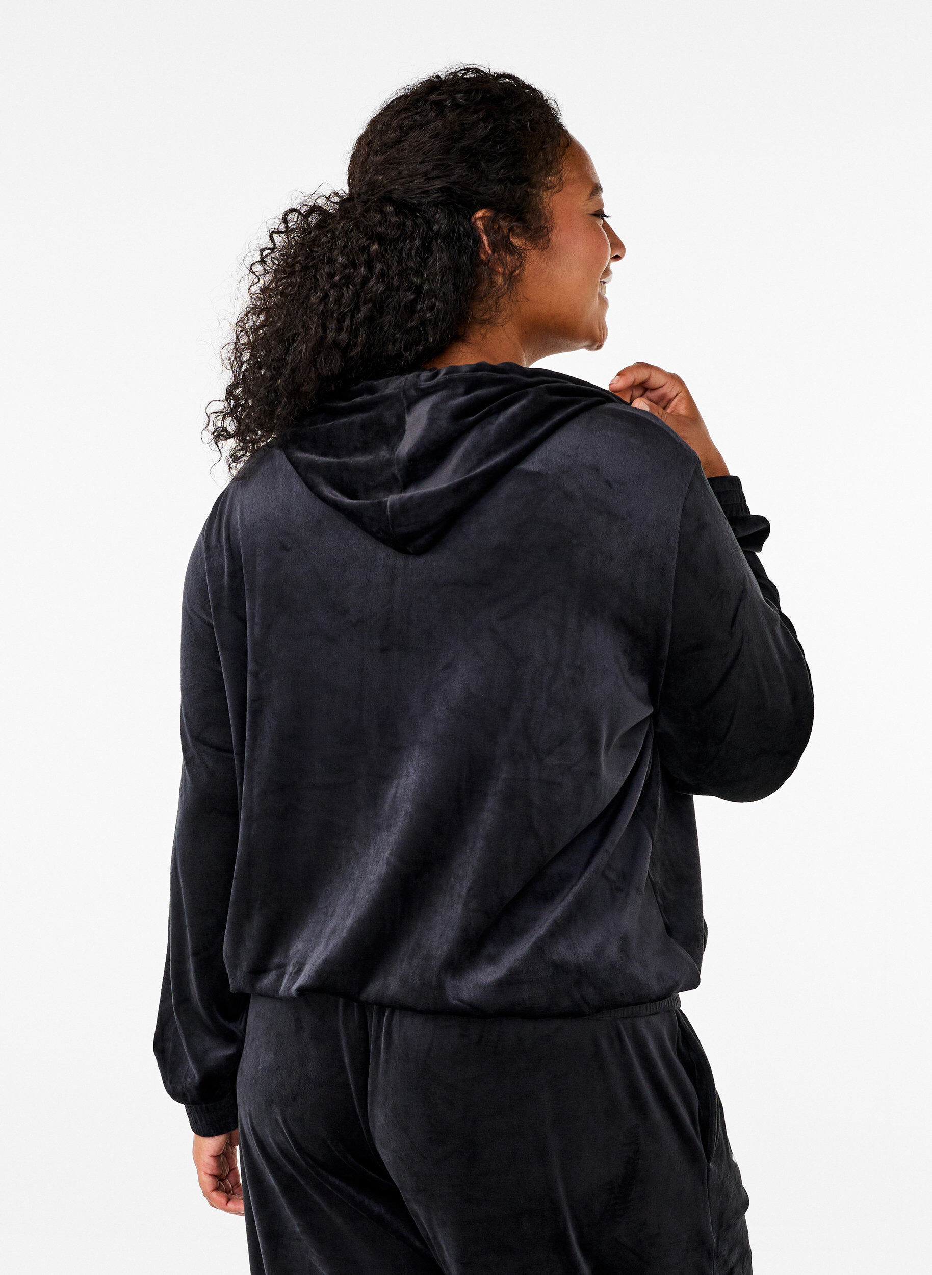 Zizzi Velours vest met capuchon, Black, Model image number 1