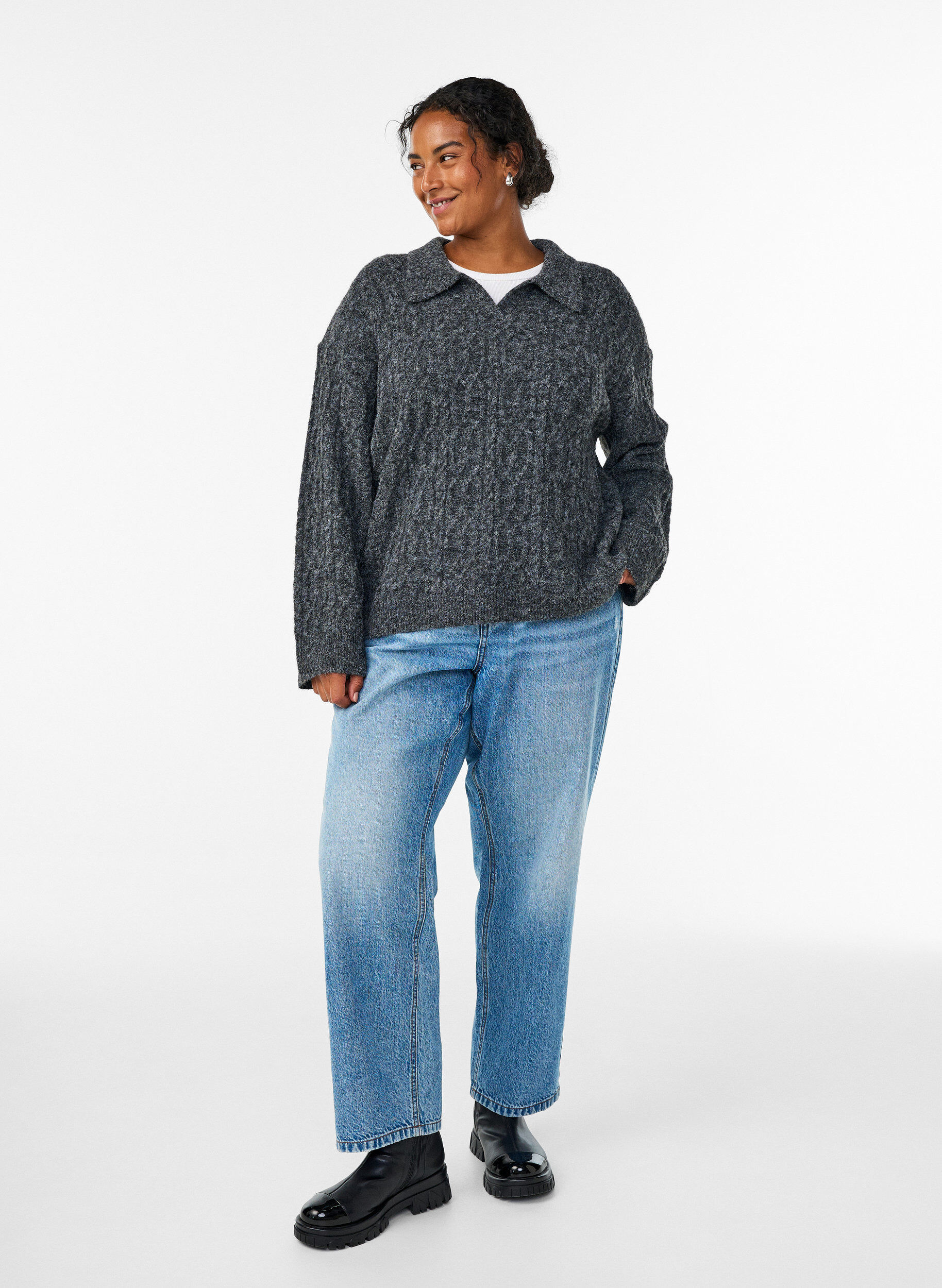 Zizzi Cable-knit trui met polokraag, Grijs, Model image number 1