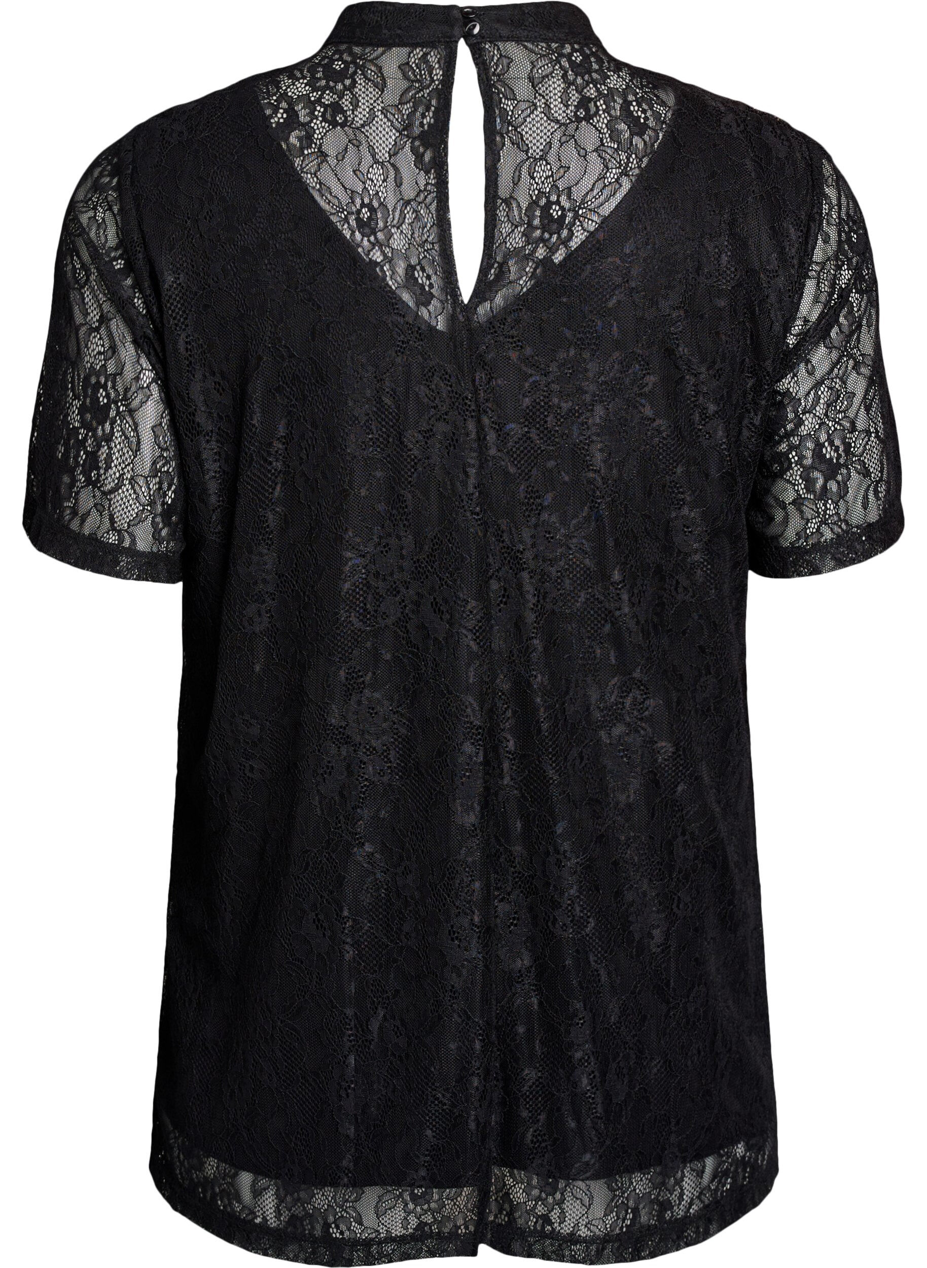 Zizzi Kanten blouse met twistdetail en korte mouwen, Zwart, Packshot image number 1