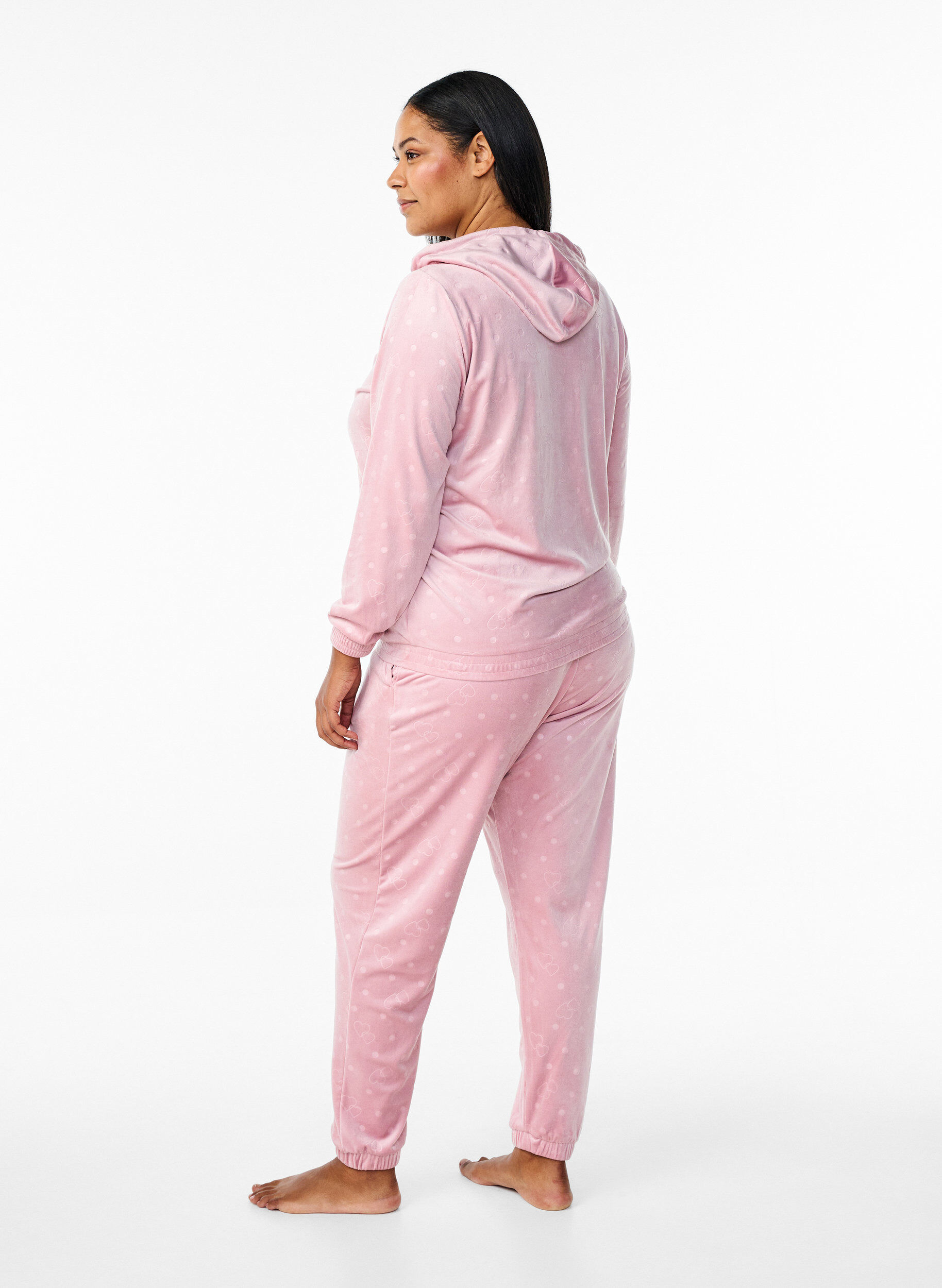 Zizzi Velours broek met stippen en hartjes, Roze, Model image number 1