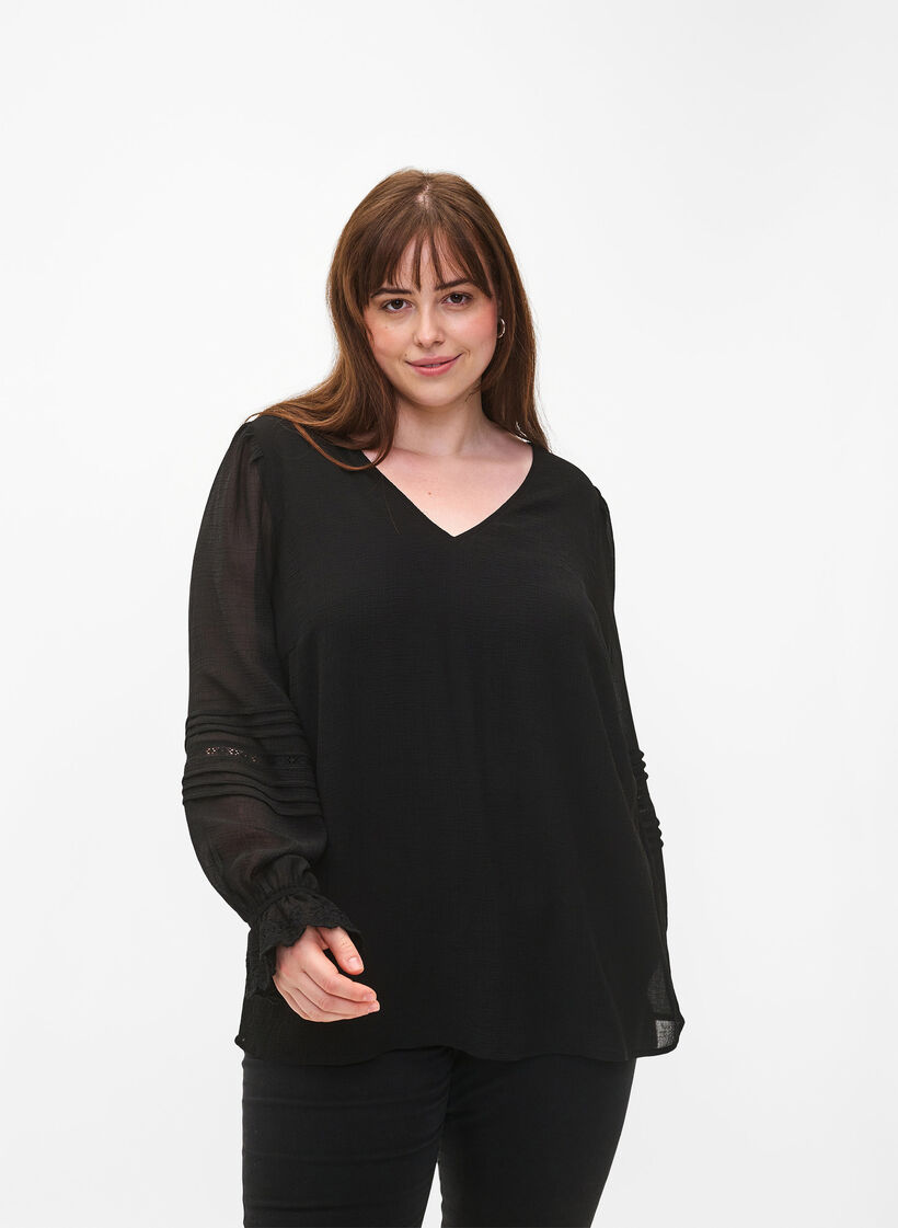 Blouse met V-hals en ruches aan de mouwen, Black, Model image number 0
