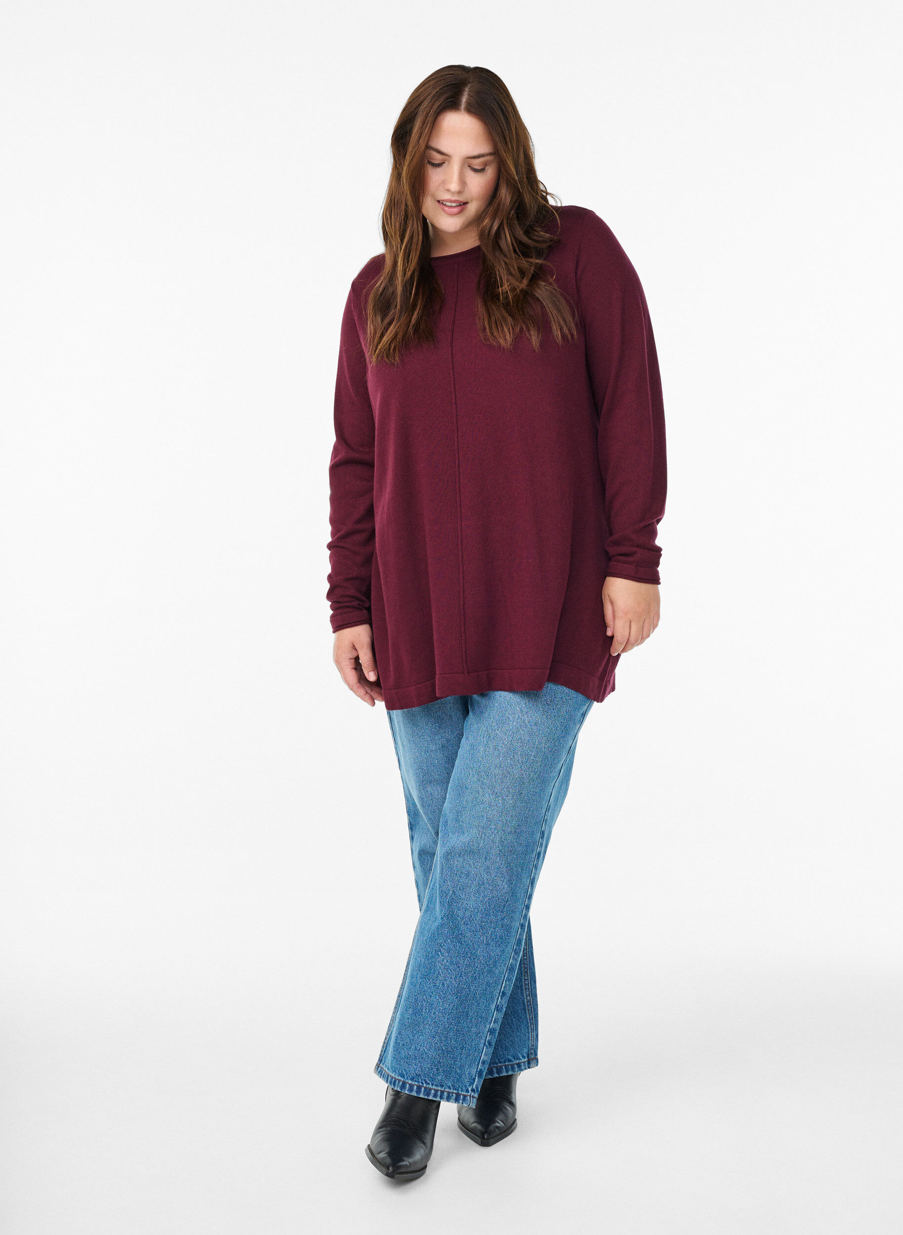 Zizzi Gebreide blouse gemaakt van katoen en viscose., Donker Bordeaux, Model image number 1