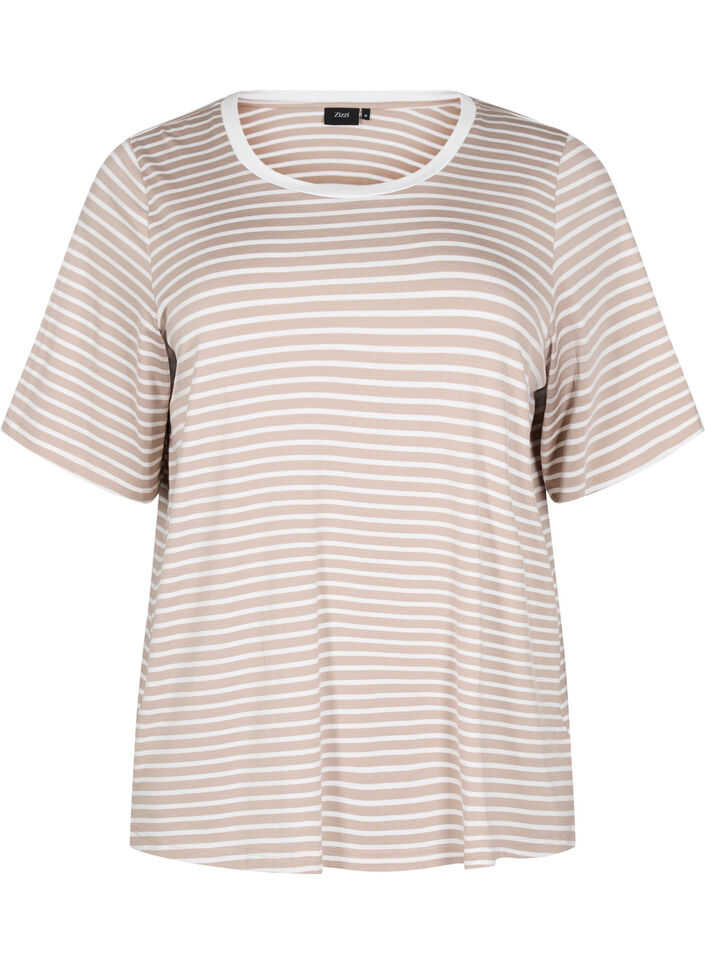 T-shirt met TENCEL™ Lyocell en strepen, Beige, Packshot image number 0