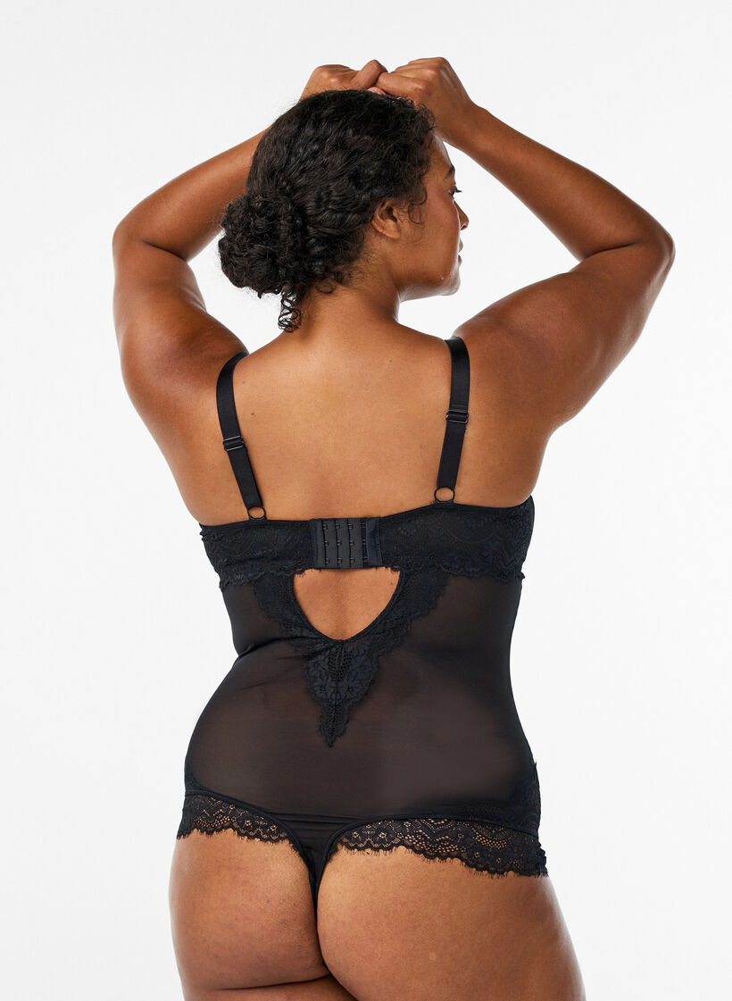 Mesh bodysuit met kant en beugel, Zwart, Model image number 1