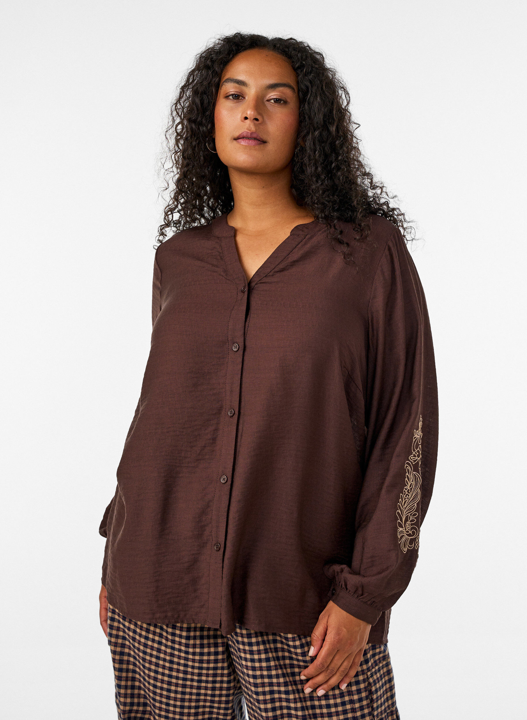 ZizziViscose shirt met geborduurde mouwen, Bruin, Model image number 0