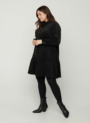 Korte jurk in fluweel met knopen, Black, Model image number 3