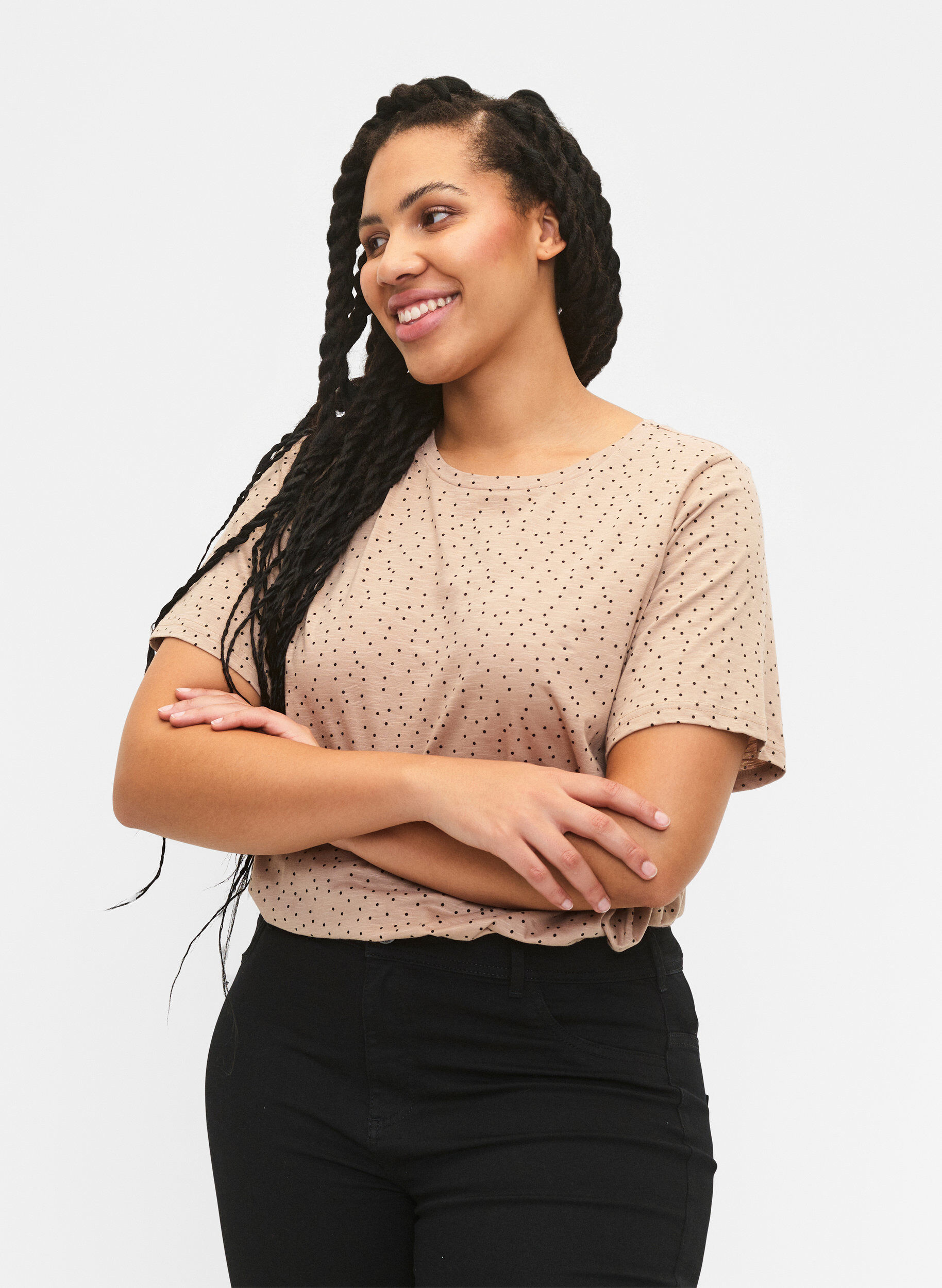 Zizzi T-shirt van biologisch katoen met stippen	, Beige, Model image number 0