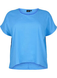 Katoenen blouse met korte mouwen van katoenmix met linnen, Ultramarine