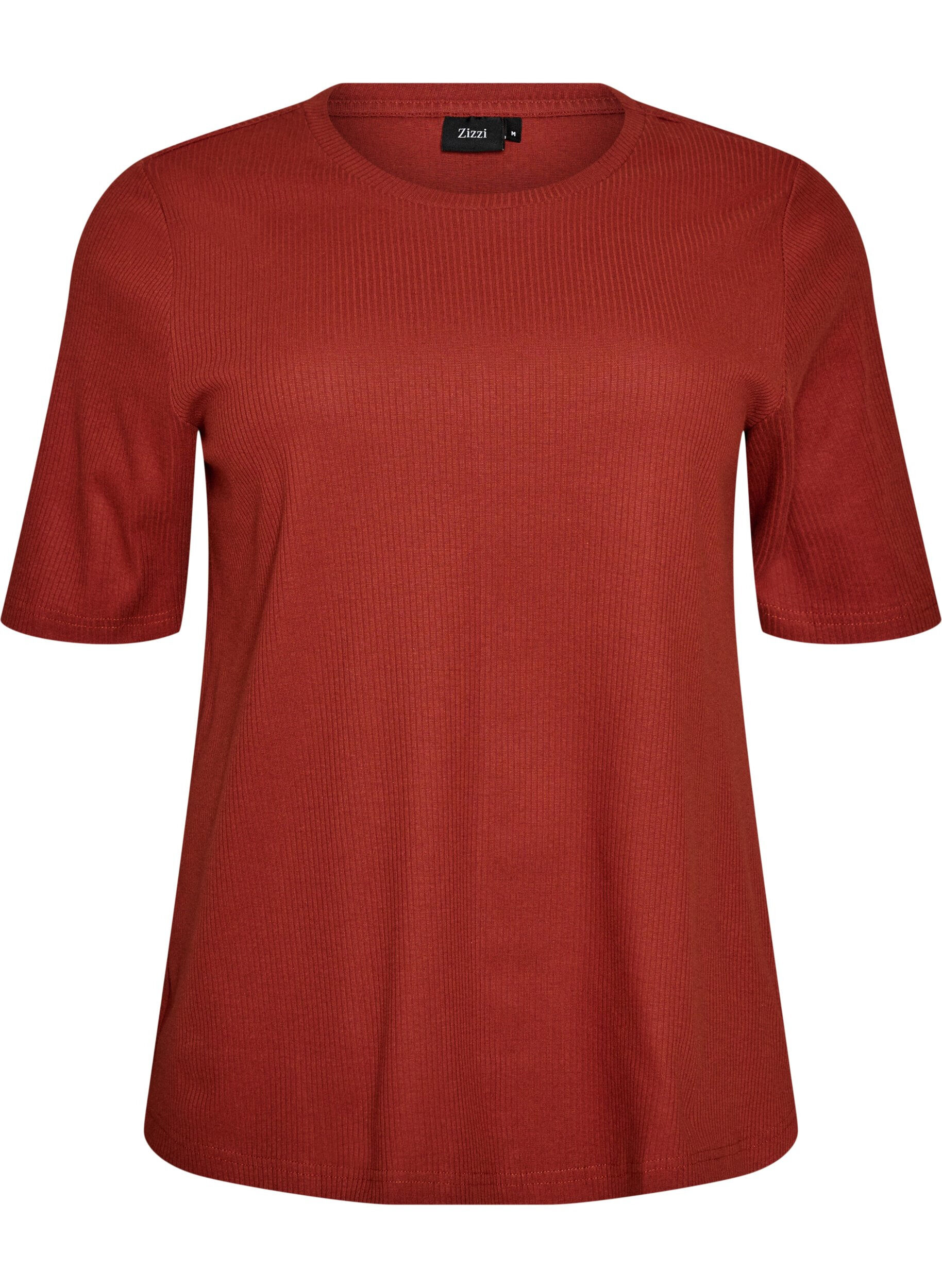 ZizziGeribde jersey blouse met korte mouwen, Rood, Packshot image number 0