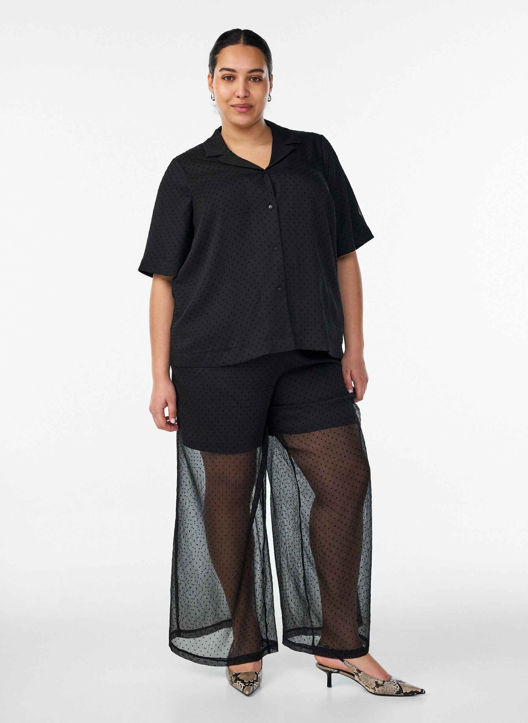 ZizziPolkadot blouse met revers, Zwart, Model image number 1