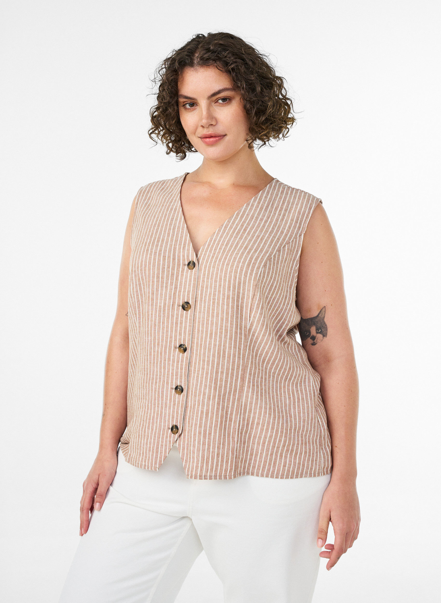 ZizziGestreepte vest in linnen en viscose, Beige, Model image number 0