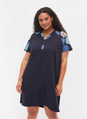 Katoenen pyjama jurk met korte mouwen en print, Blue Flower, Model image number 0