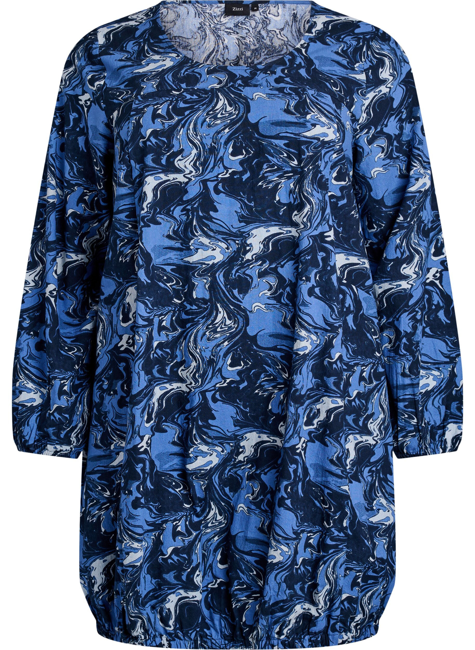 ZizziKorte katoenen jurk met een elastische zoom en lange mouwen, Blauw, Packshot image number 0
