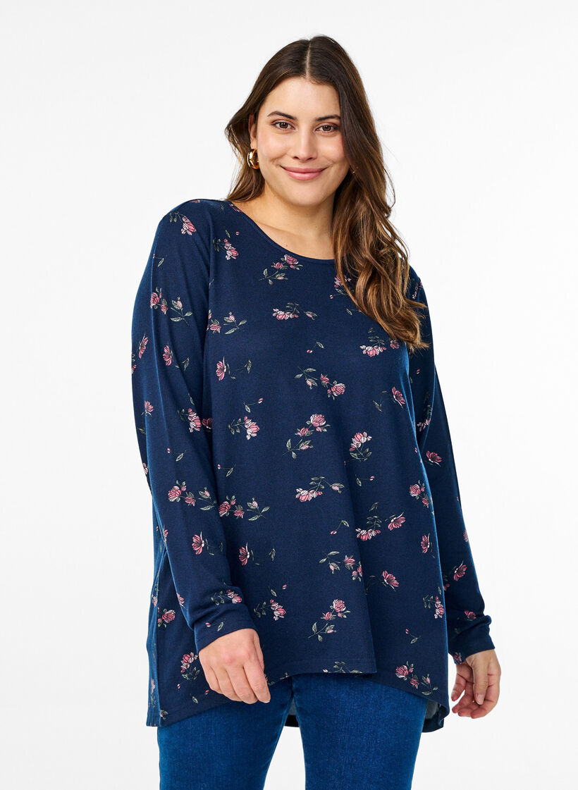 Gebloemde blouse met lange mouwen, Blauw, Model image number 0