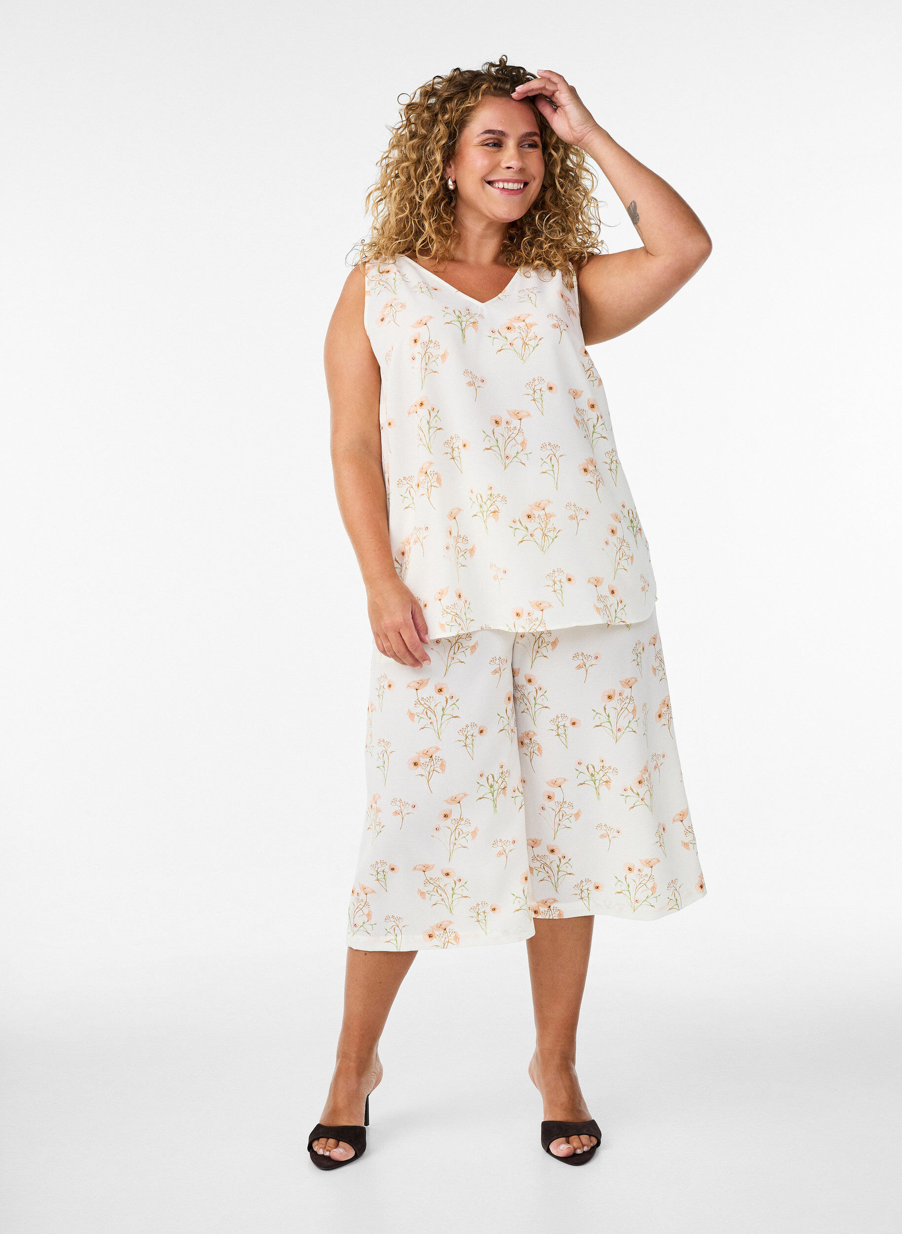 ZizziTop met print en V-hals, Wit, Model image number 1