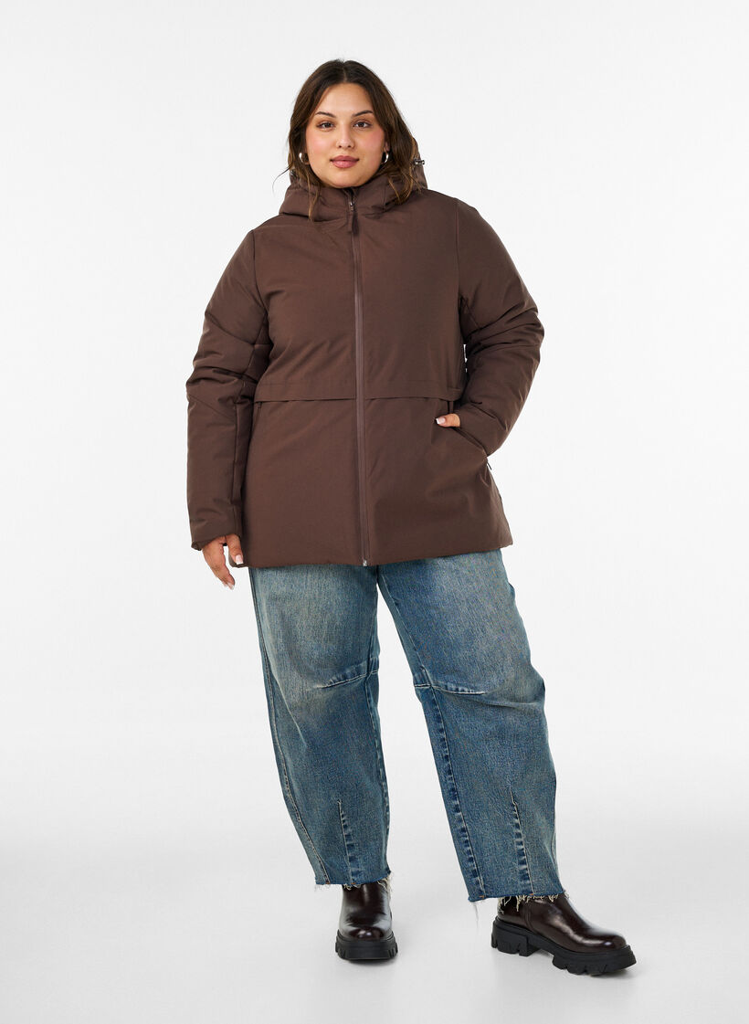 Winterjas met capuchon en verstelbare taille, Bruin, Model image number 1