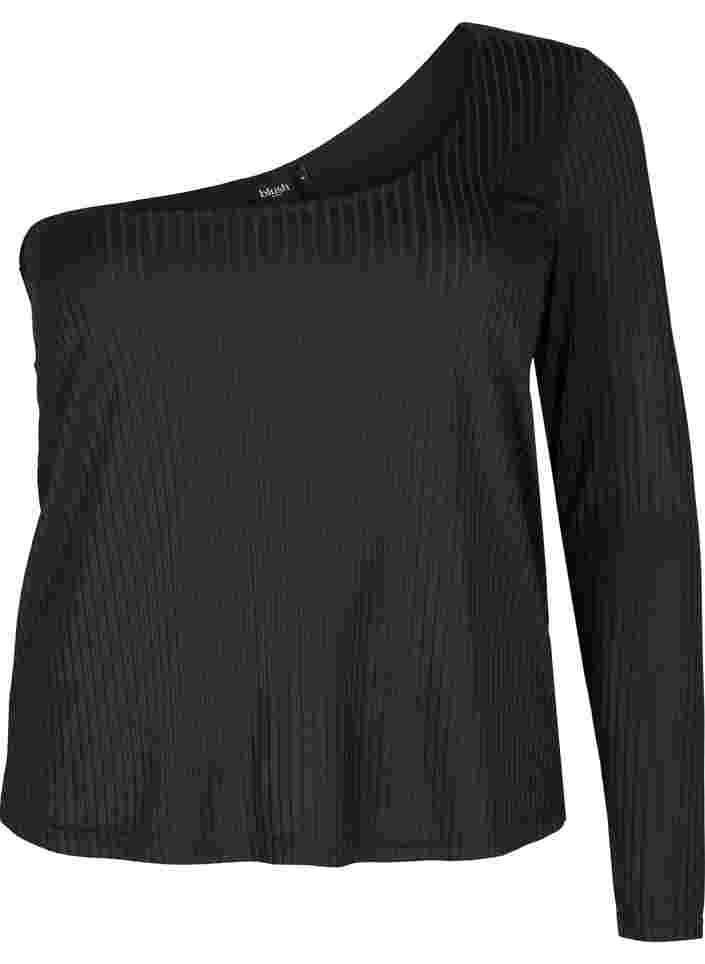Een-schouder blouse, Black, Packshot image number 0