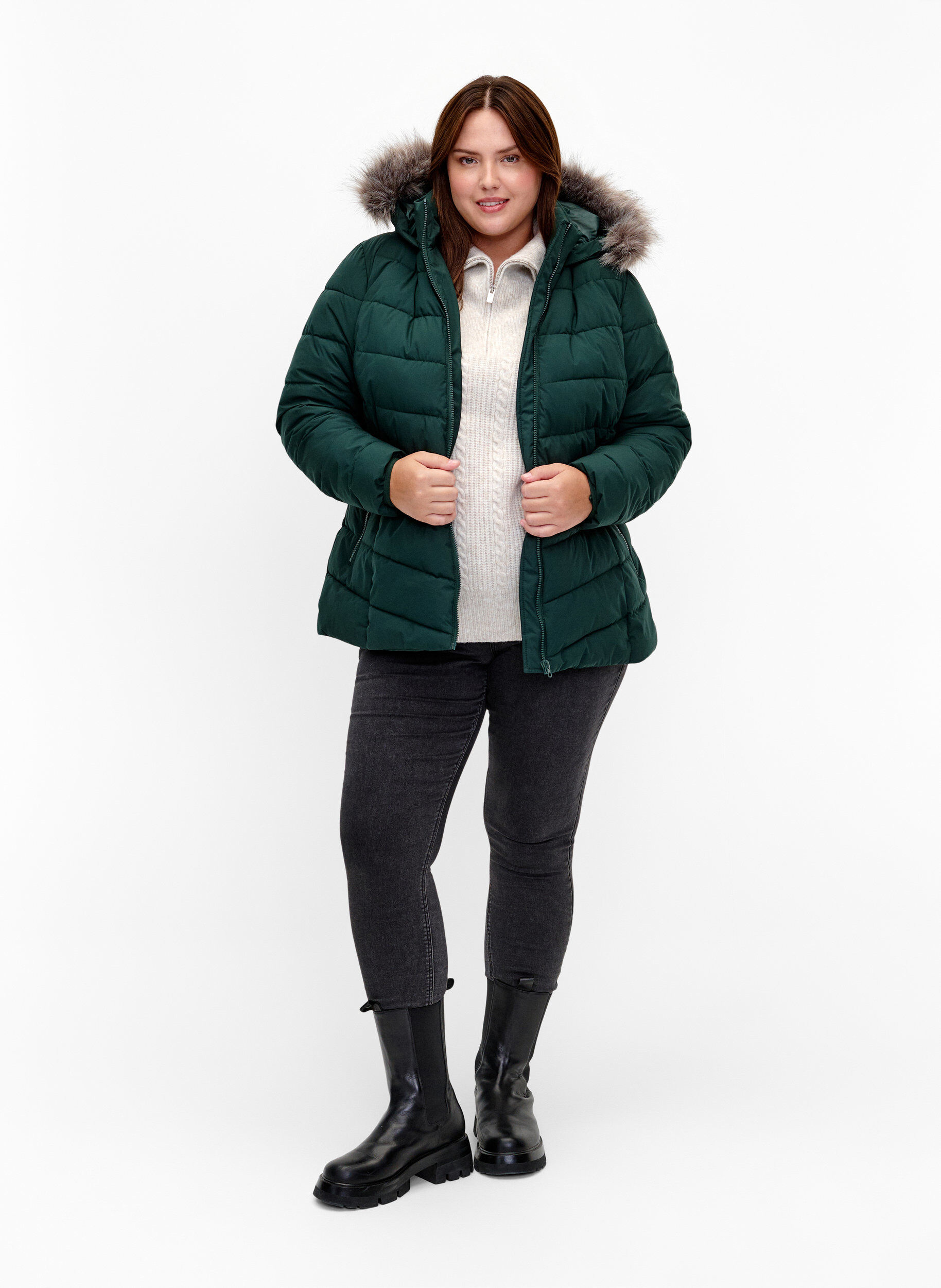ZizziKort pufferjack met capuchon, Groen, Model image number 1