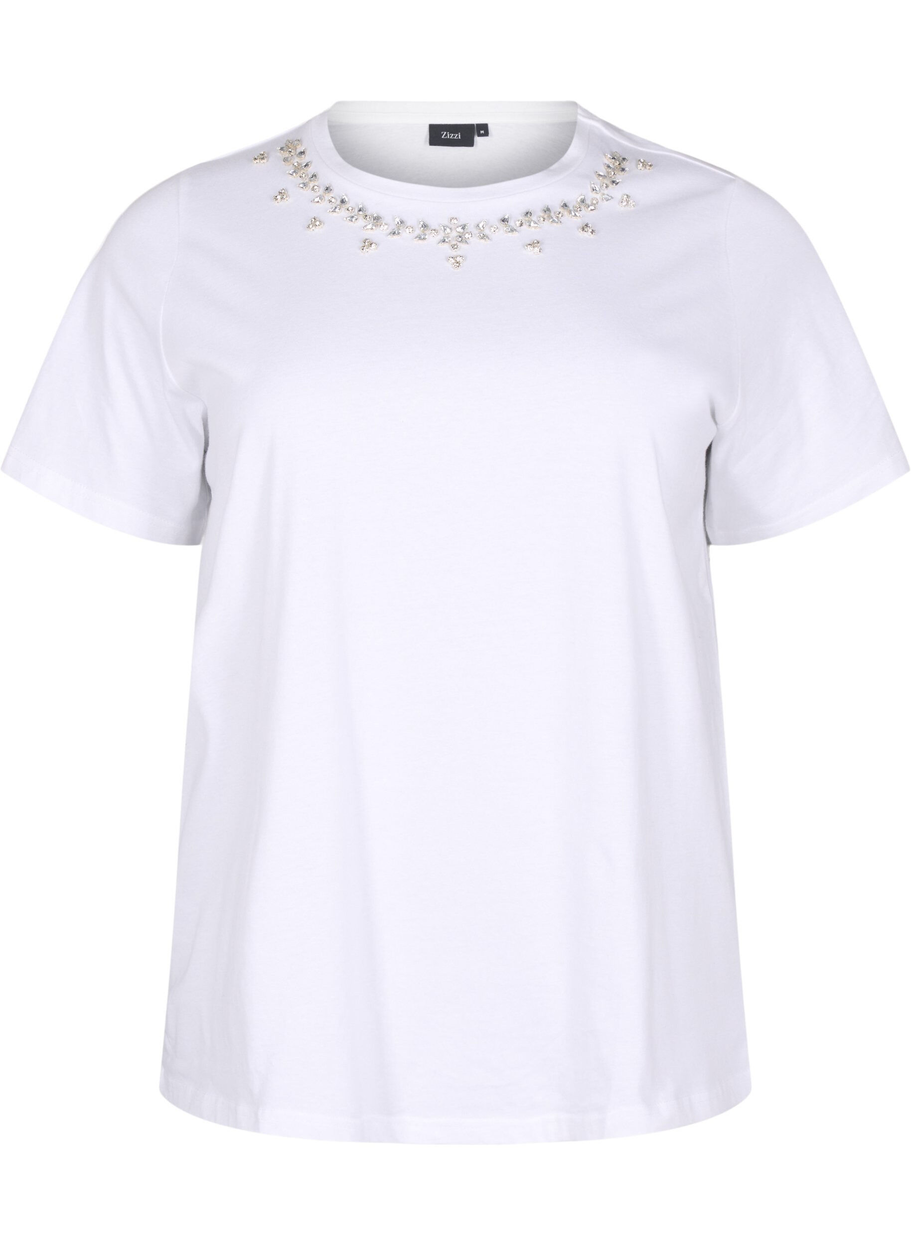 Zizzi T-shirt met ronde hals en strass-steentjes, Bright White, Packshot image number 0