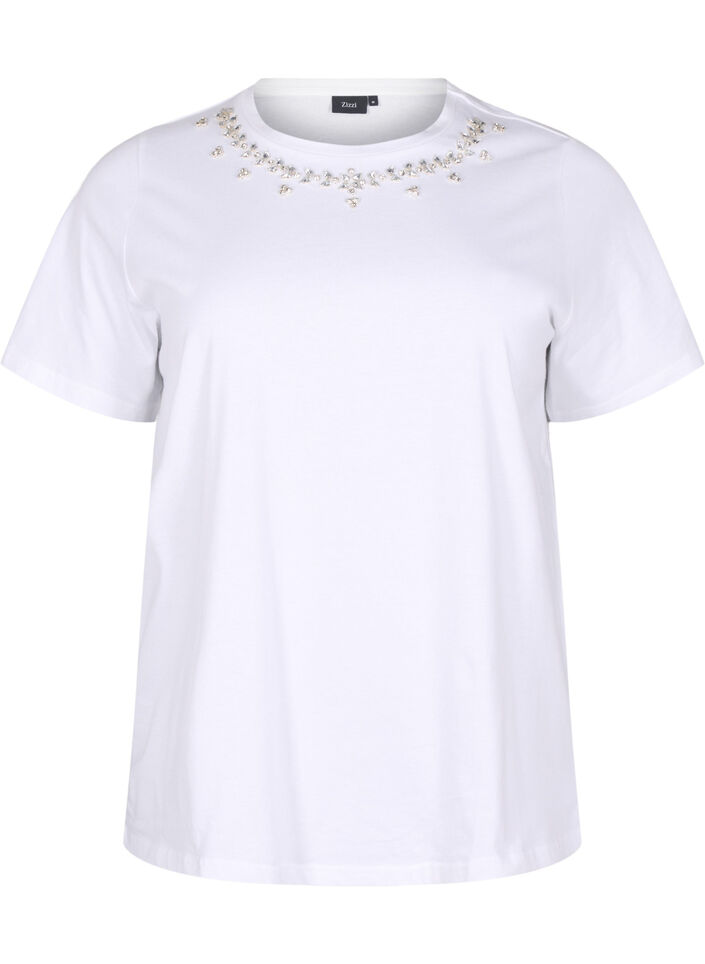 T-shirt met ronde hals en strass-steentjes, Bright White, Packshot image number 0