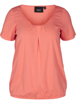 T-shirt met korte mouwen, ronde hals en kanten rand, Living Coral, Packshot image number 0