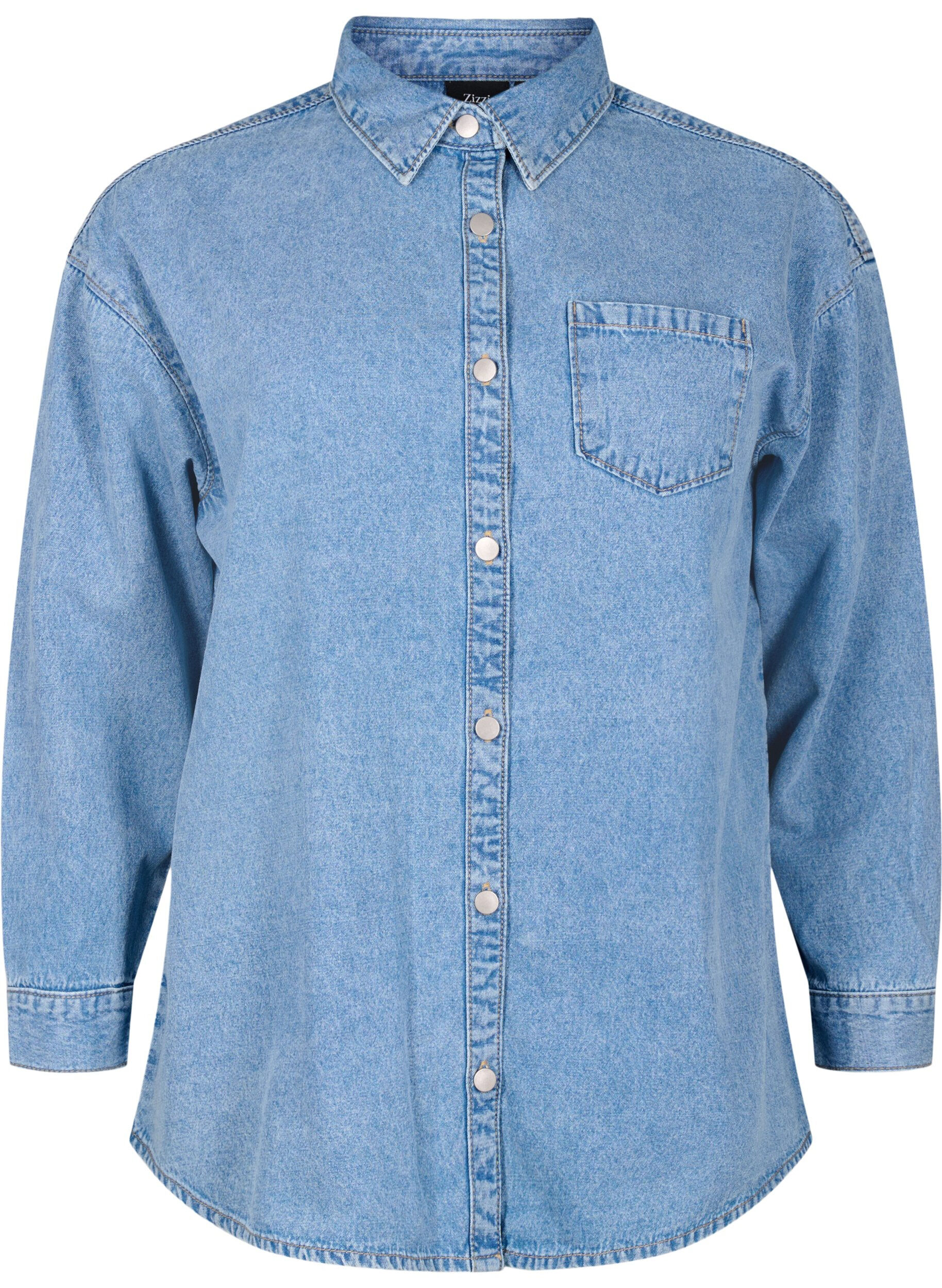 Zizzi Soepelvallend denim overhemd met borstzak, Light blue denim, Packshot image number 0