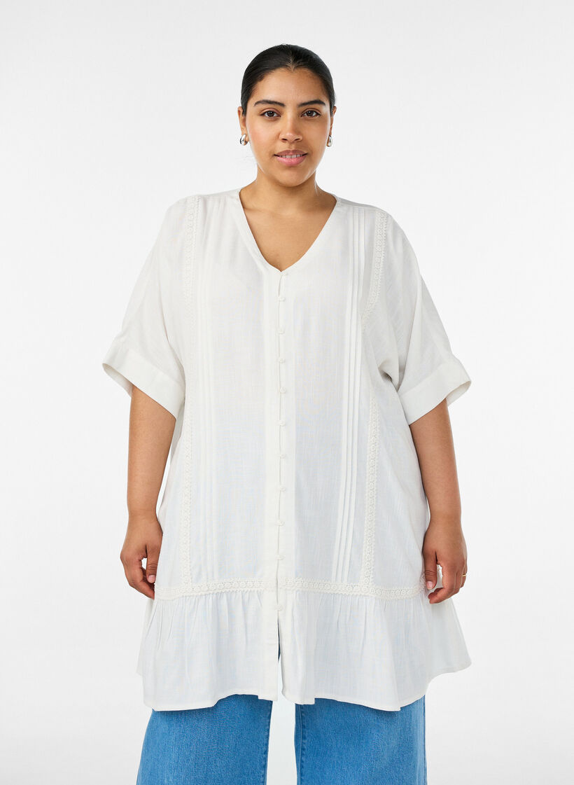 Viscose tuniek met knopen en rucherand, Vanille, Model image number 0