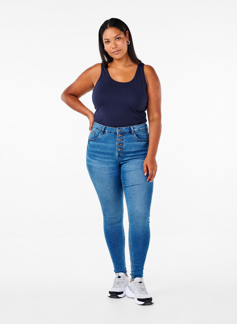 Effen gekleurd basic top in katoen, Blauw, Model image number 1