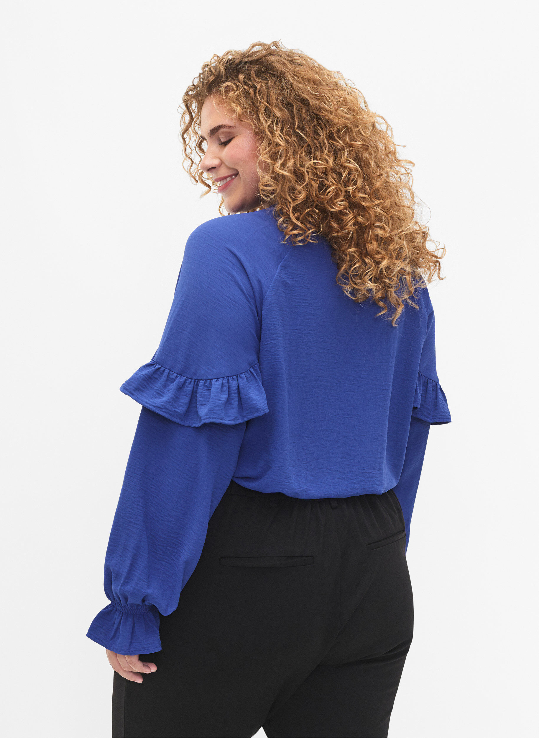 Zizzi Blouse met ruches en knopen, Deep Ultramarine, Model image number 1