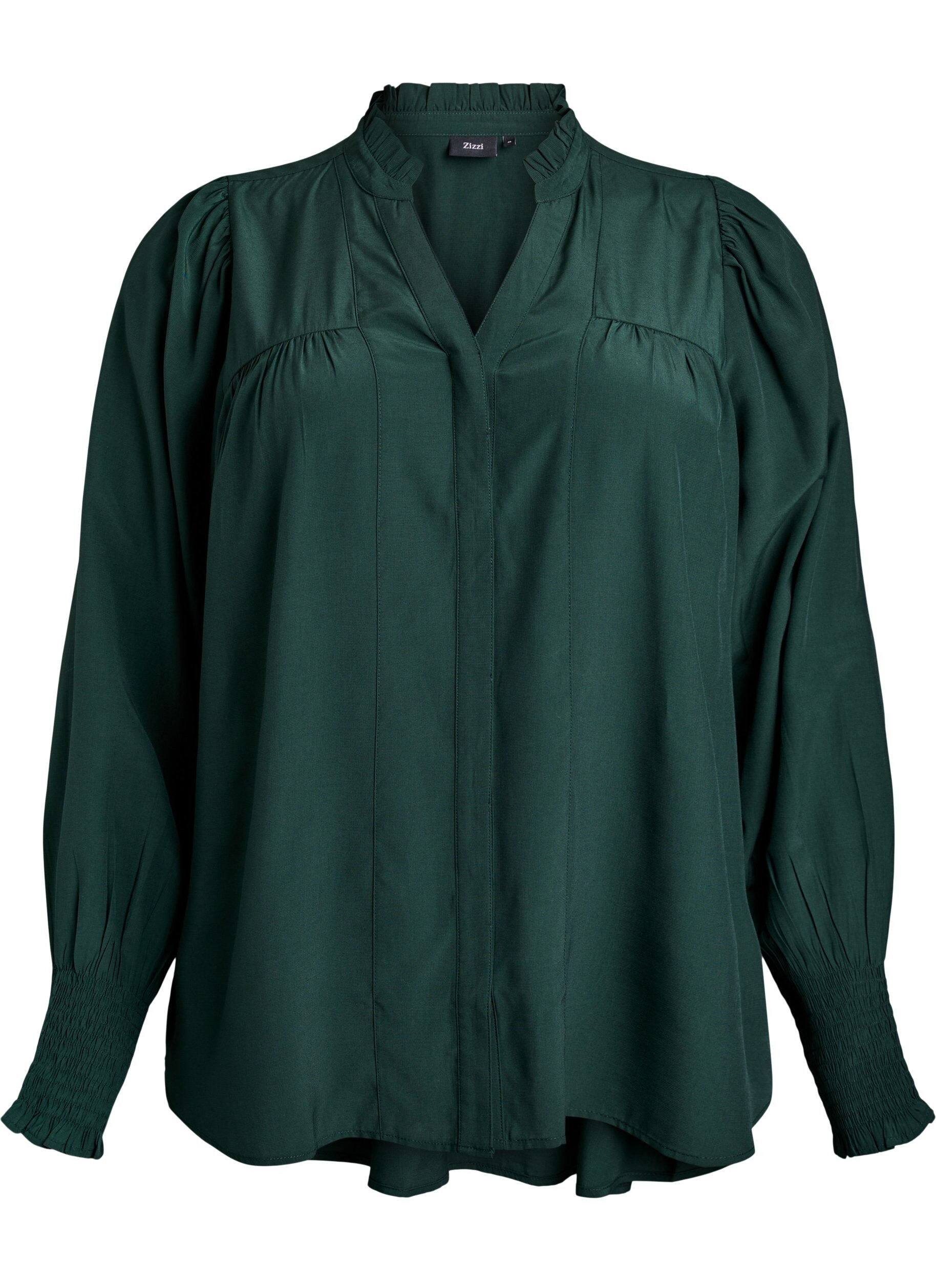 Zizzi Blouse met ruches kraag en plooien, Groen, Packshot image number 0