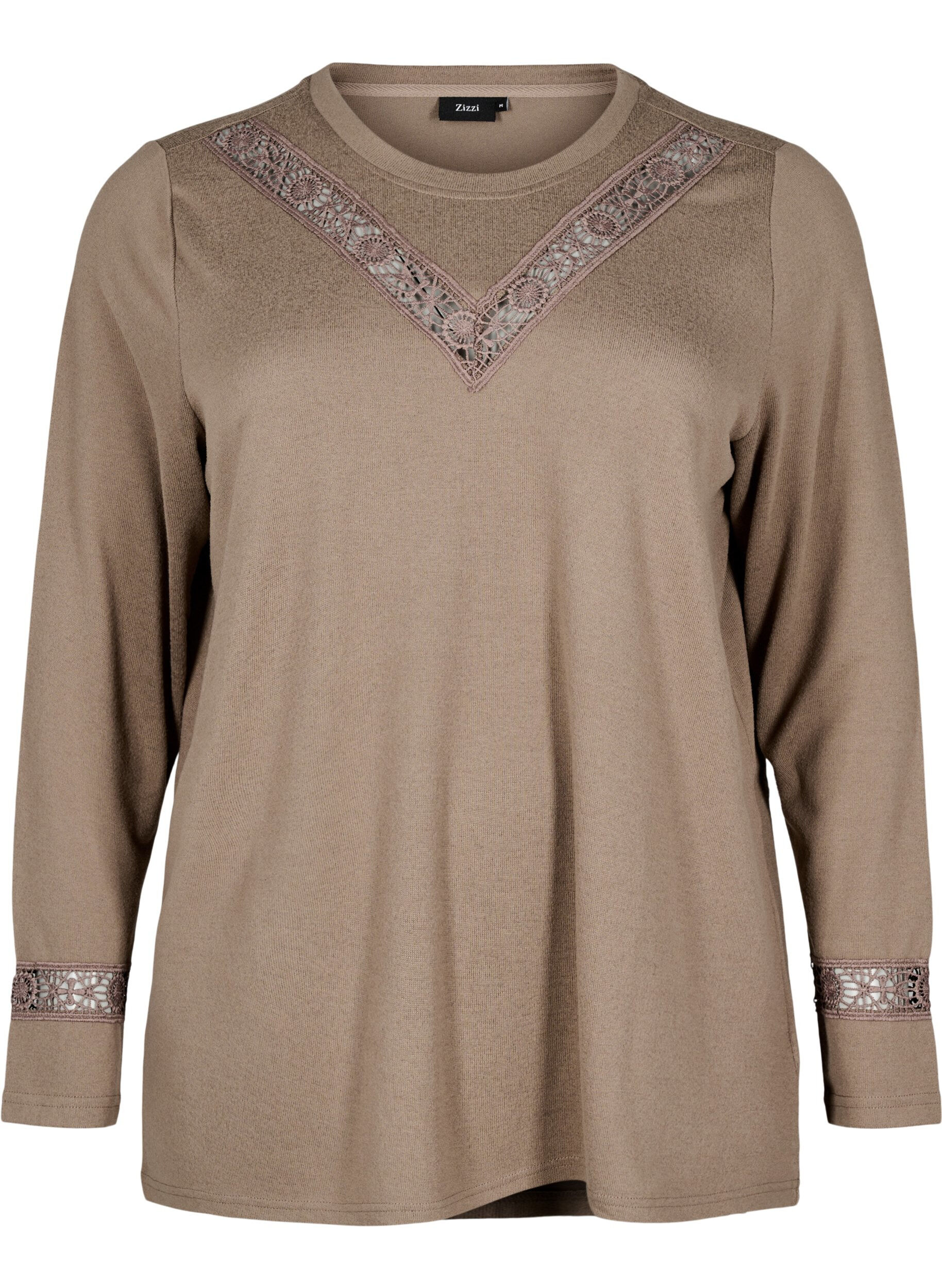 Zizzi Blouse met geborduurde details en lange mouwen, Bruin, Packshot image number 0