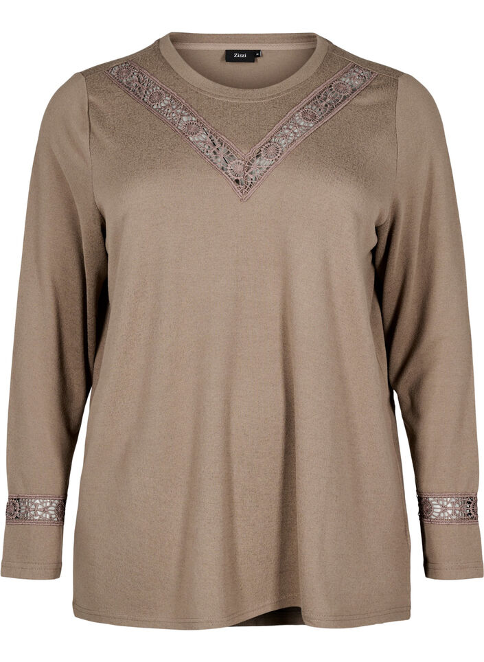 Blouse met geborduurde details en lange mouwen, Bruin, Packshot image number 0