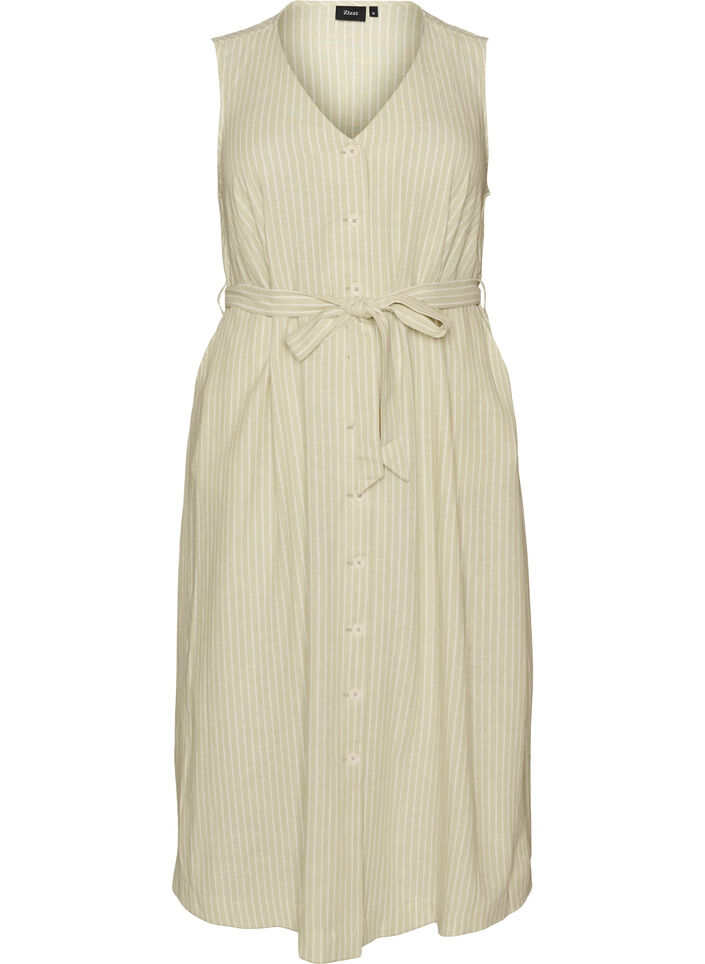 Mouwloze gestreepte midi jurk in linnen en viscose, Groen, Packshot image number 0