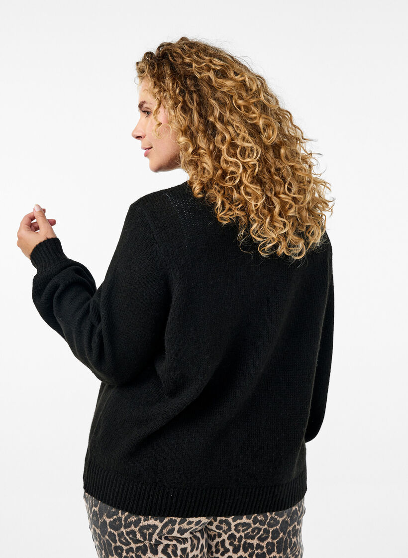 Gebreide cardigan met wol en knoopsluiting, Black Solid, Model image number 1
