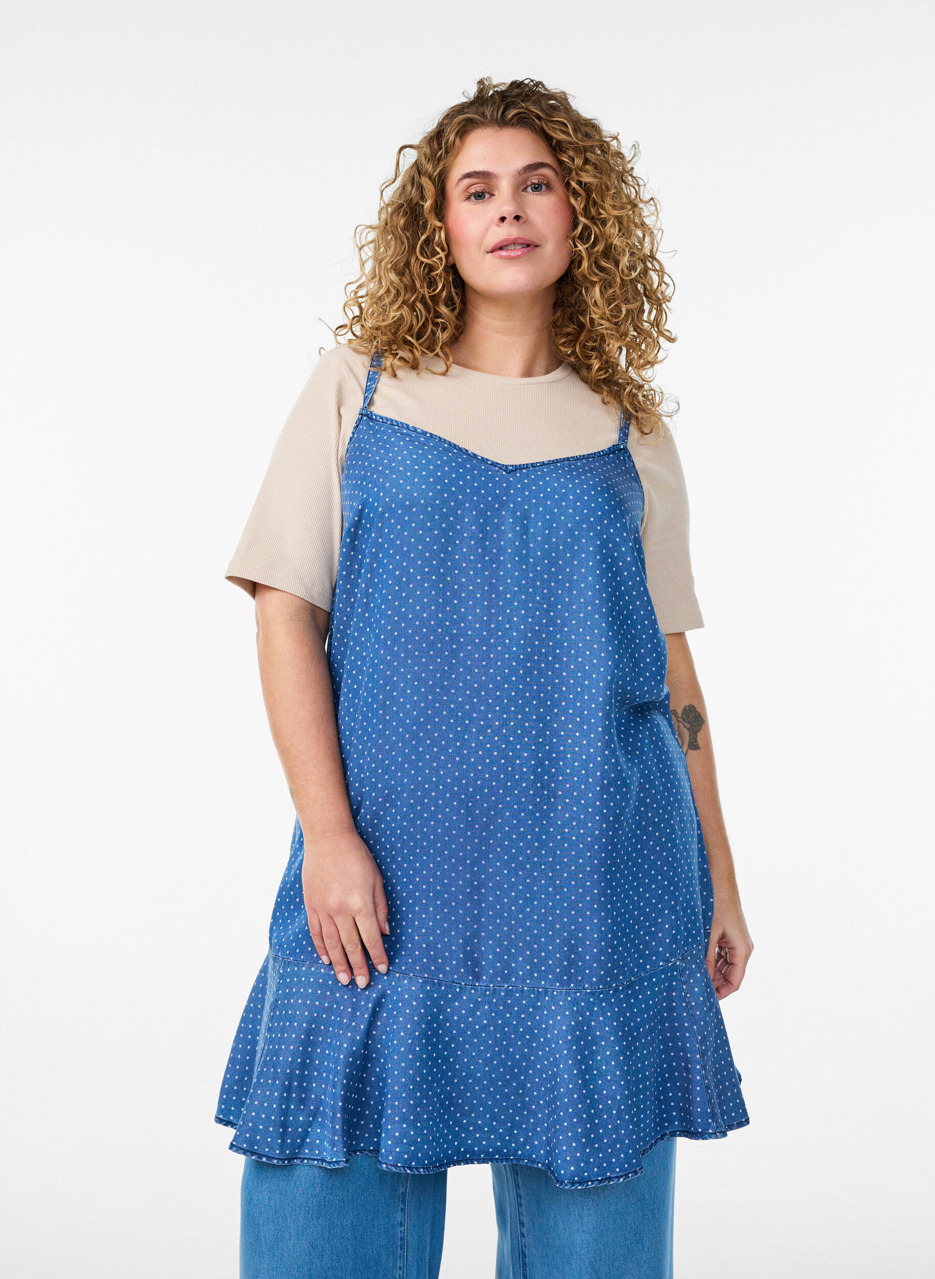 ZizziKnielange jurk met bandjes in TENCEL&trade; Lyocell met een denimlook, Blauw, Model image number 3