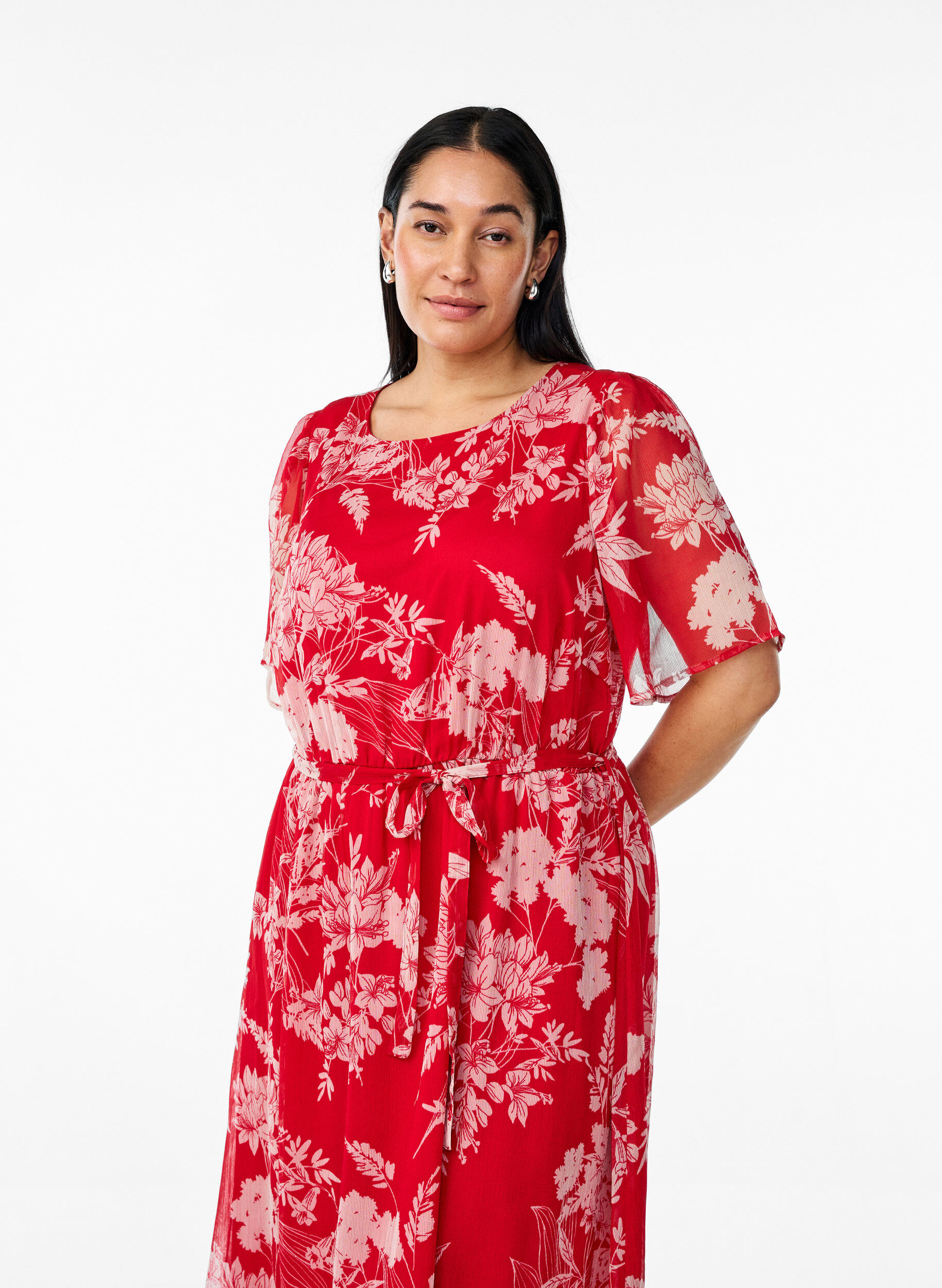 Zizzi Lange chiffon jurk met bloemenprint, Red Flower AOP, Model image number 2