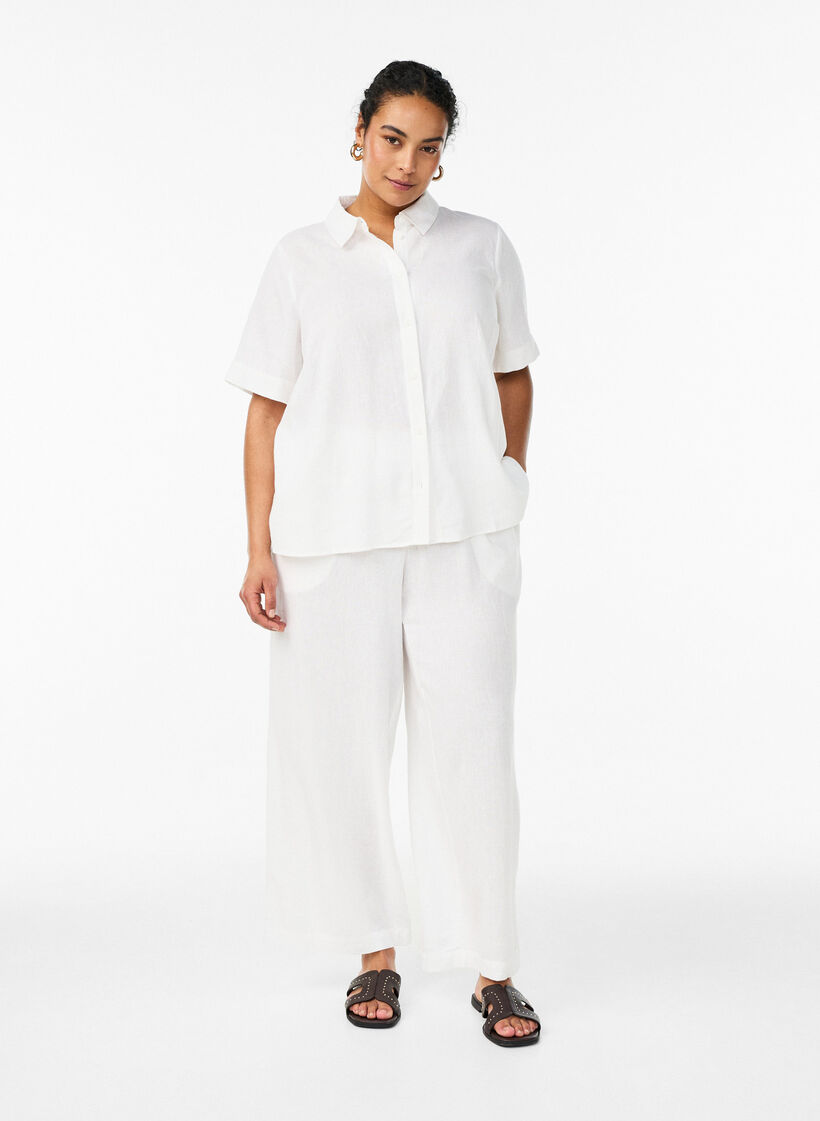 Wijde linnen en viscose broek, Wit, Model image number 0