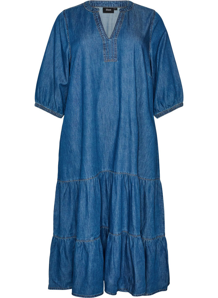 Denim maxi-jurk met gerimpelde lagen, Blauw, Packshot image number 0