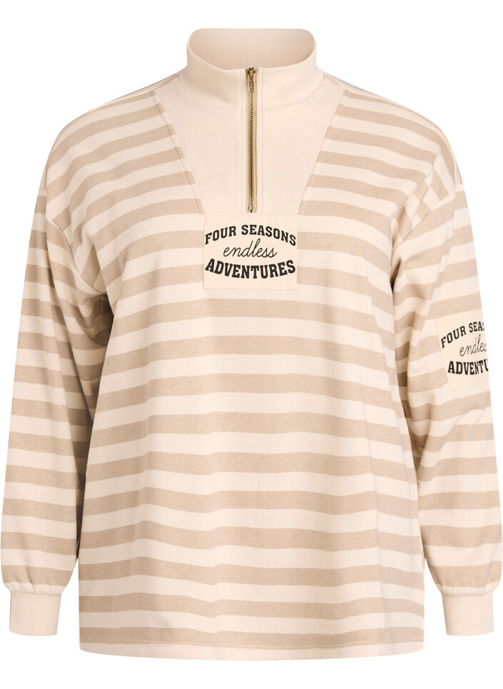 Gestreept sweatshirt met hoge col en ritssluiting, Beige, Packshot image number 0