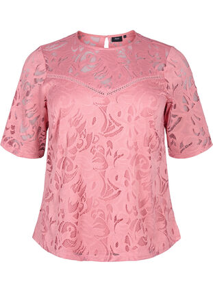 Kanten blouse met korte mouwen, Dusty Rose, Packshot image number 0