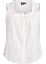 Mouwloze blouse met broderie anglaise en ruches, Vanille
