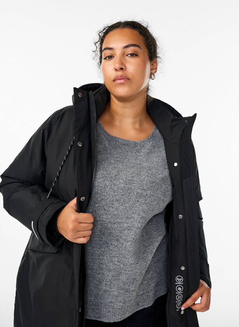 Waterafstotende parka met capuchon en functionele details, Zwart, Model image number 3