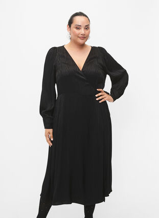Viscose jurk met lange mouwen en ton sur ton print, Black, Model image number 0
