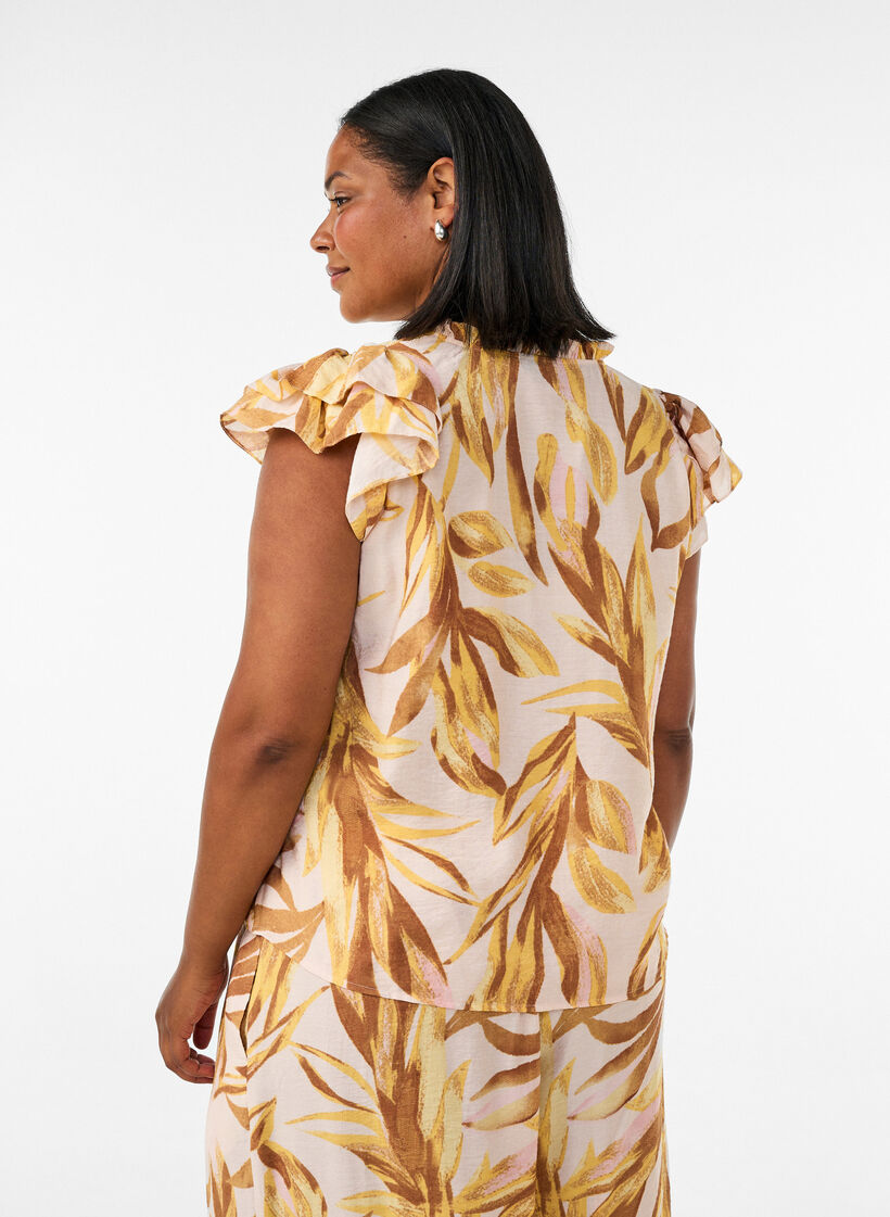 Viscose blouse met bladprint en ruches, Geel, Model image number 2