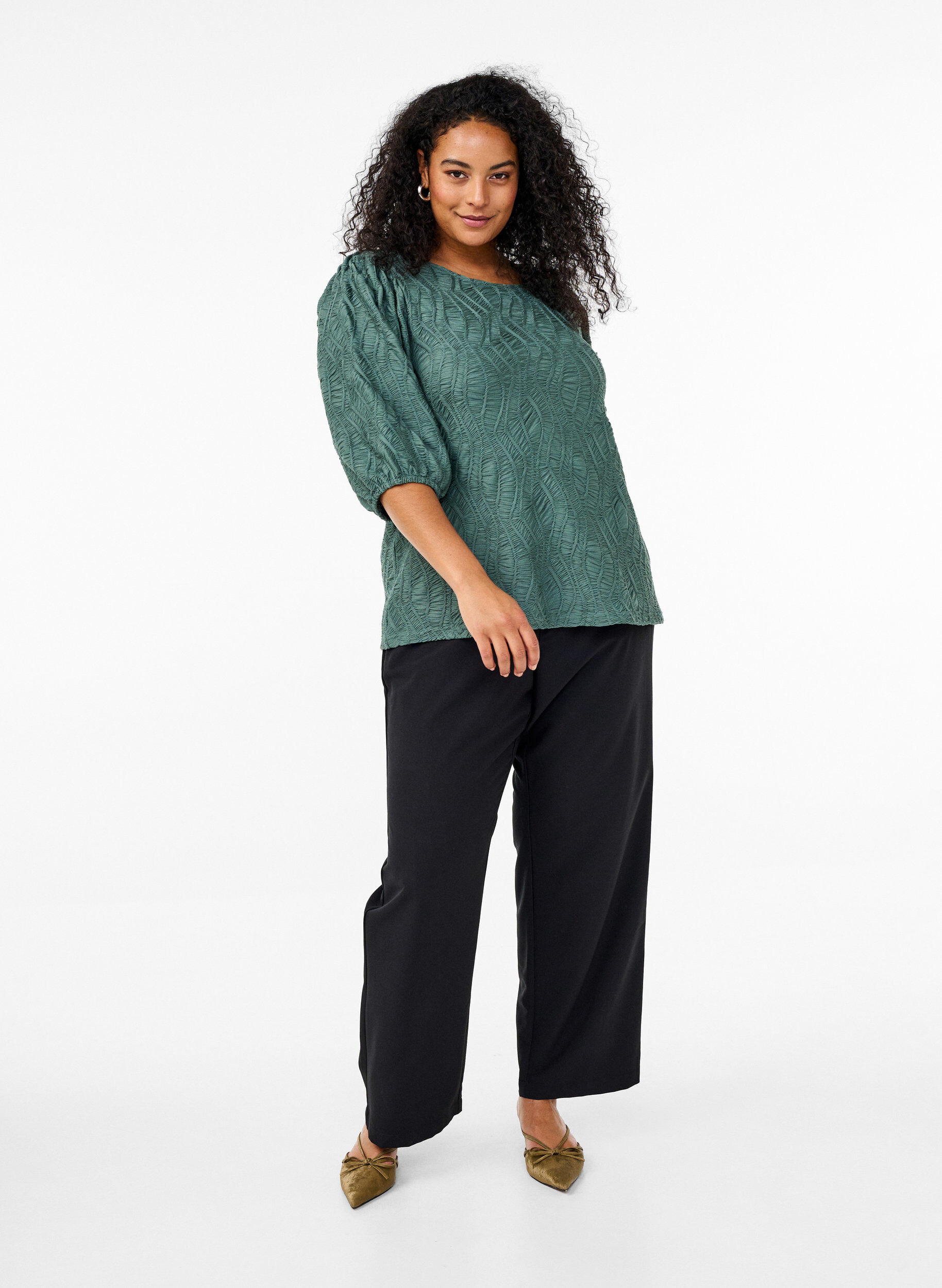 Zizzi Blouse met textuur en 3/4 mouwen, Groen, Model image number 1
