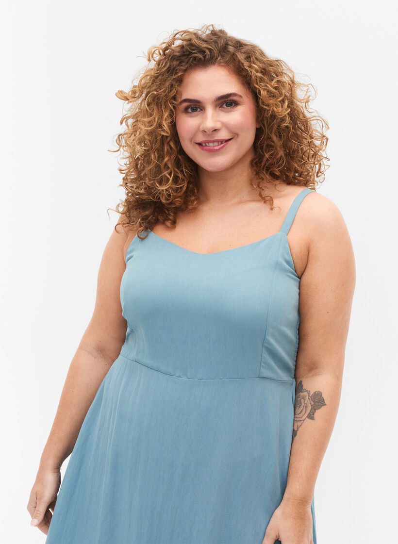 Effen viscose tie-dye jurk met smock, Smoke Blue, Model image number 2