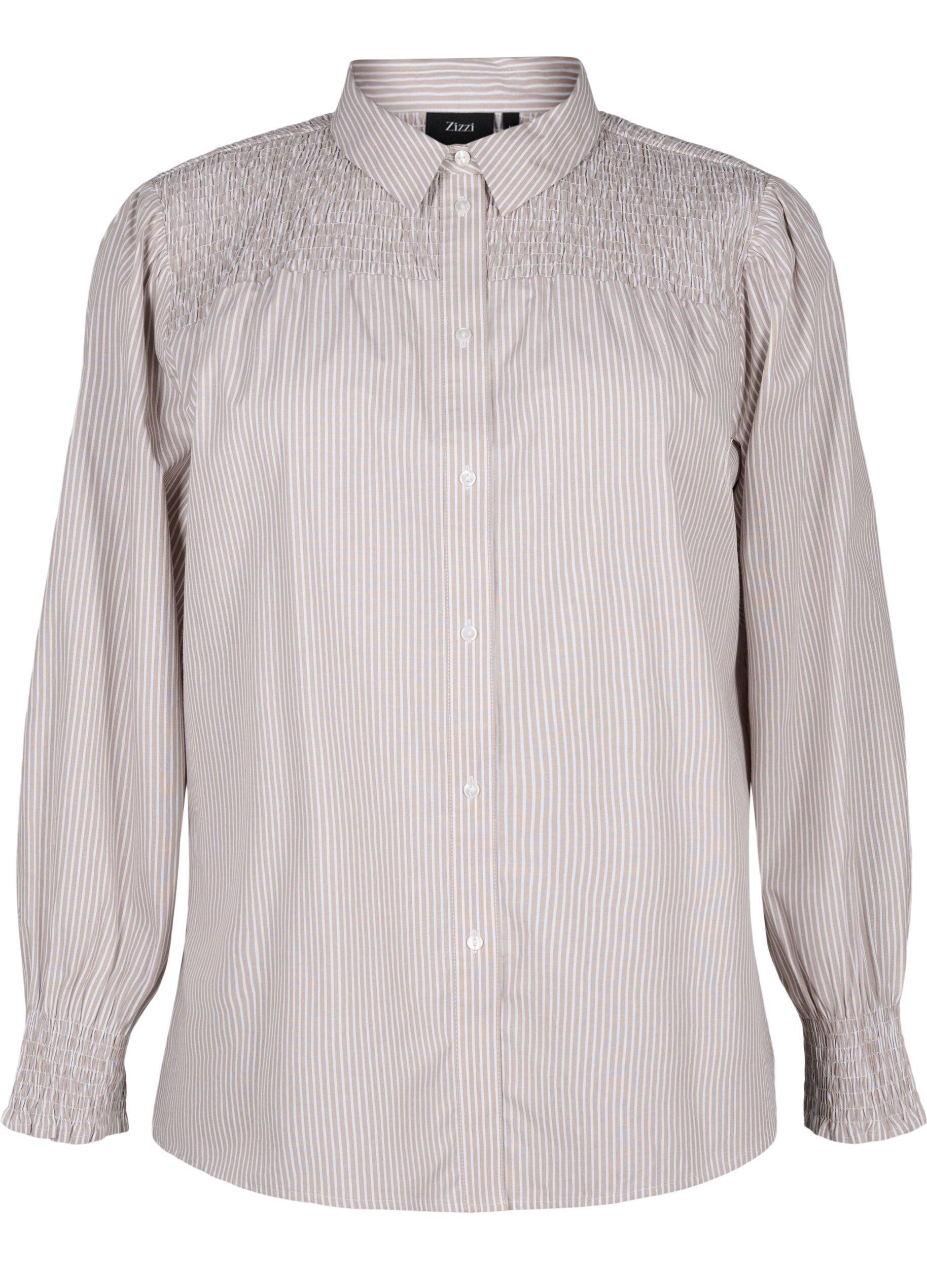 Zizzi Shirt met strepen en smok, Silver Mink Wh. St., Packshot image number 0