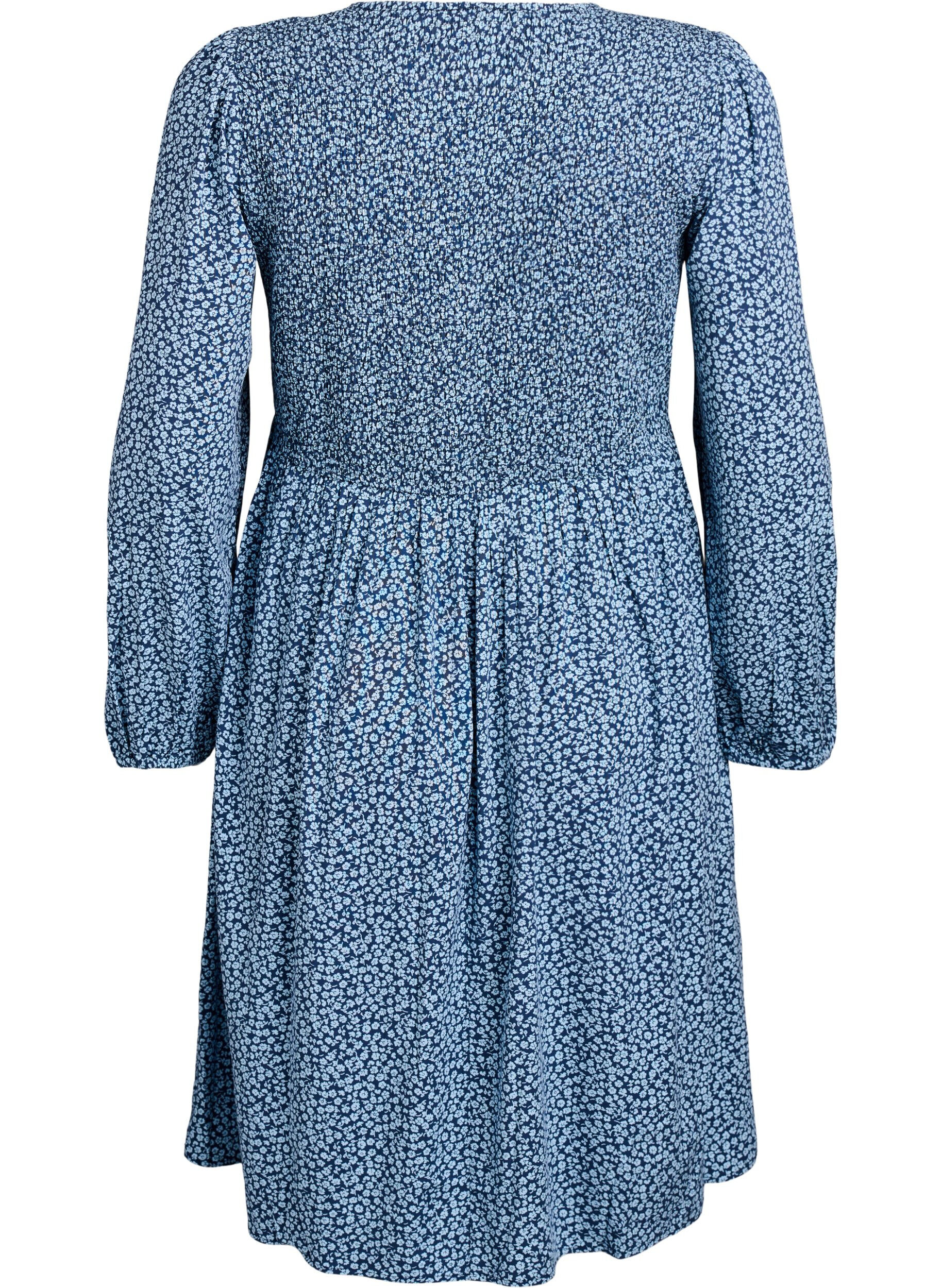 ZizziJurk met een gesmokte top en fijn bloemetjespatroon, Blauw, Packshot image number 1