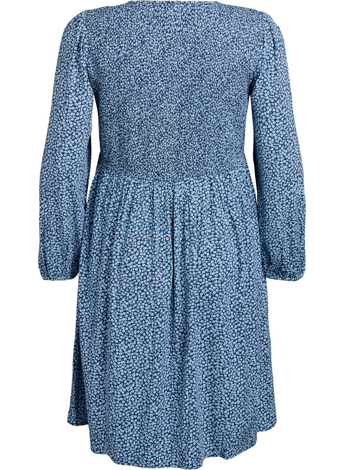 Jurk met een gesmokte top en fijn bloemetjespatroon, Blauw, Packshot image number 1